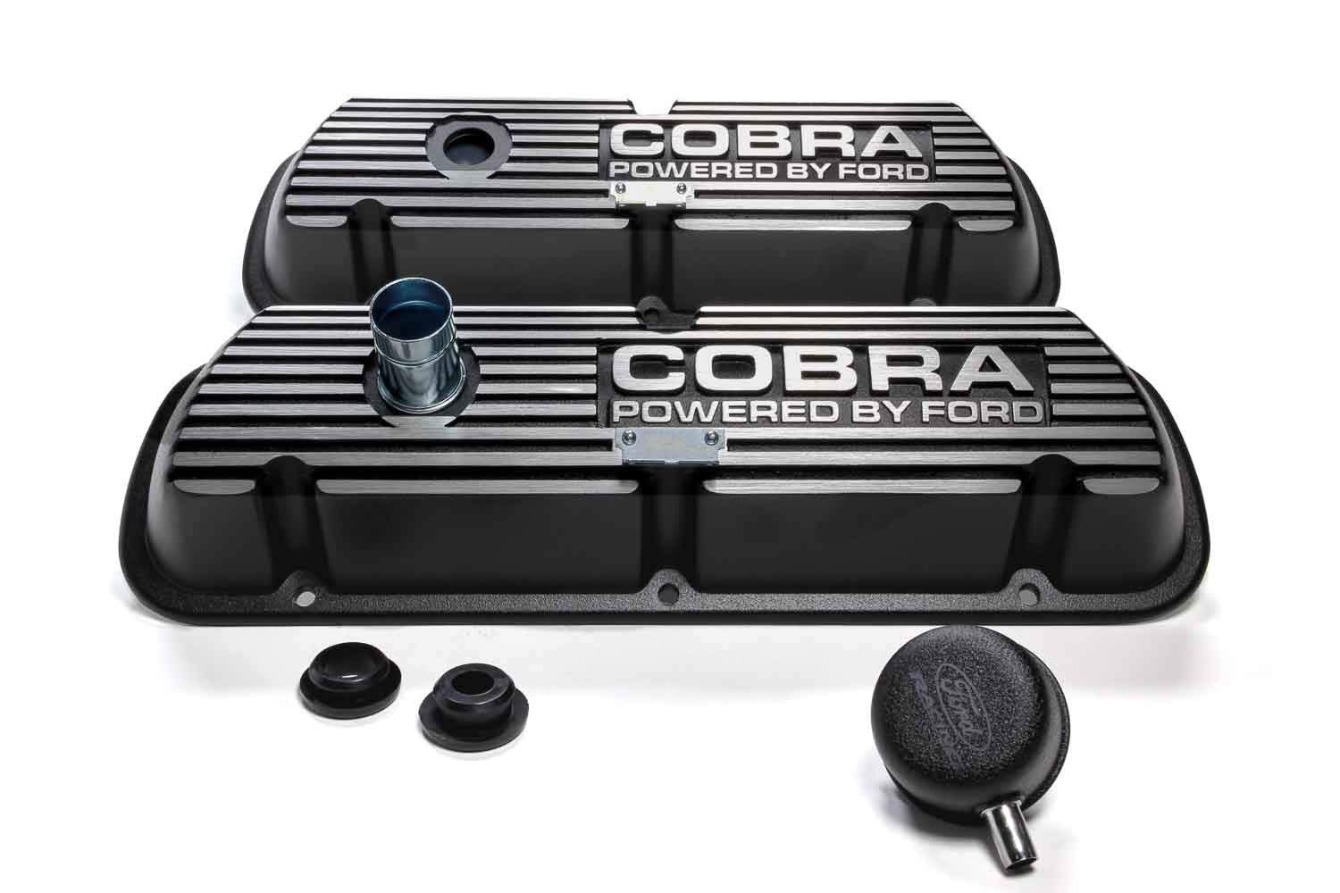 Fordvalve Cover, Short, Baffled, Breather Hole, Breather, Cobra Logo, Aluminum, Black Wrinkle Paint, Small Block Ford, Pair