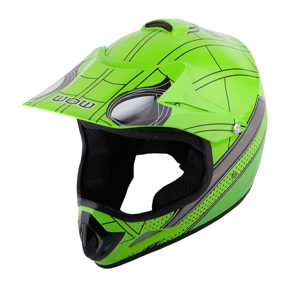 Wow Youth Kids Motocross Helmet Bmx Mx Atv Dirt Bike Helmet Spider Green + Goggles + Mg Youth Green Glove Bundle