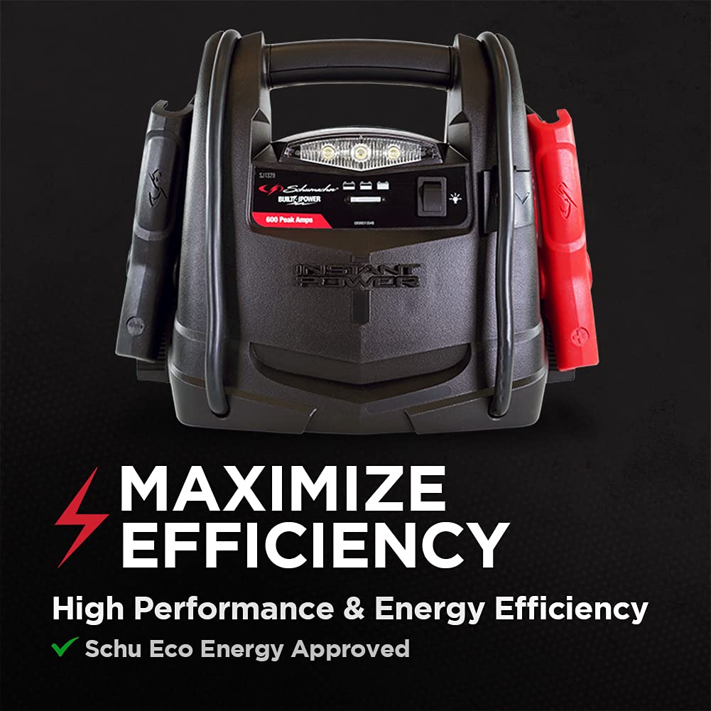 Schumacher Sj1329 Jump Starter And Portable Power Port - 600 Peak Amp, 12V - For Power Sports, Motorcycles, 4-6 Cylinder Cars, Black