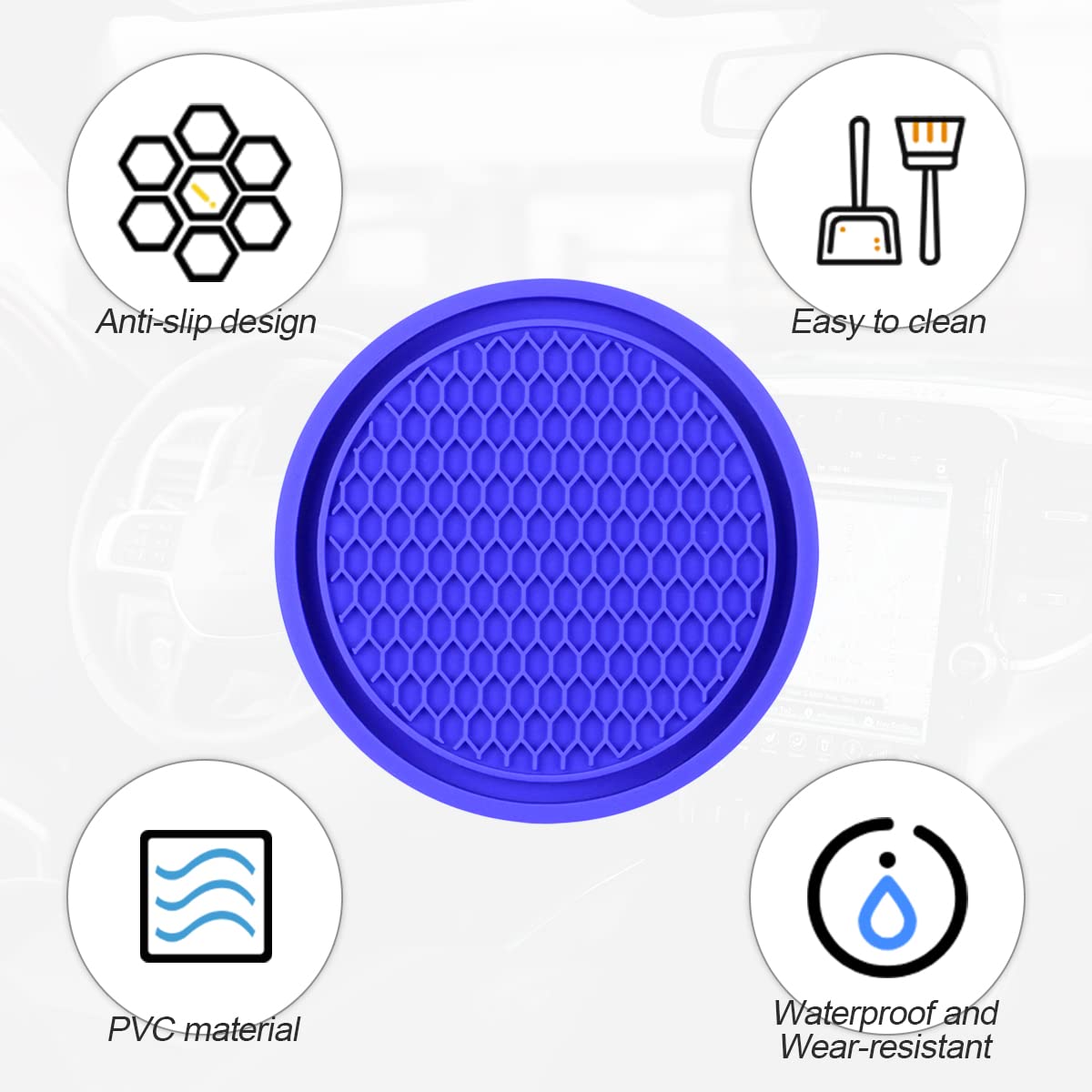 8Sanlione 4 Pack Car Cup Holder Coaster, 2.75 Inch Diameter Non-Slip Universal Insert Coaster, Durable, Suitable For Most Car Interior, Car Accessory For Women And Men (Trench/Deep Blue)