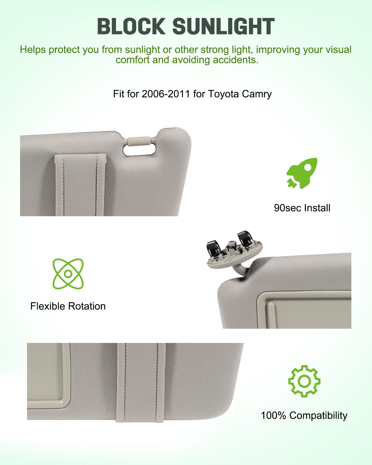 Scitoo Beige Left Driver Side Interior Sun Visor Fit For Toyota Camry 2006-2011 Without Sunroof (Oe:74320-06780-E0,04002-30506-B