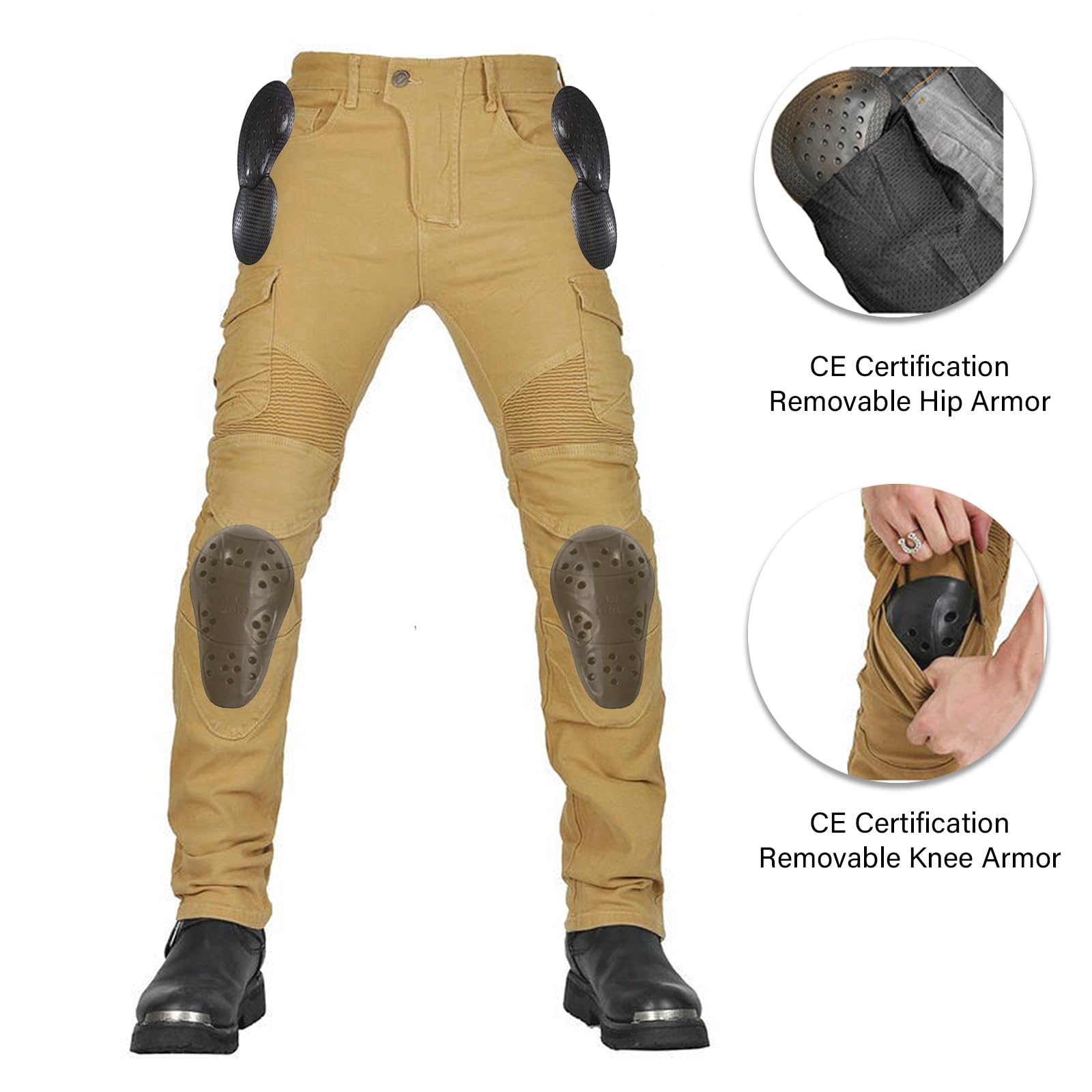 LOMENG Motorcycle Pants Motorbike Riding Denim Jeans Biker Motocross Pants with CE Removable Armored for Men Khaki XL