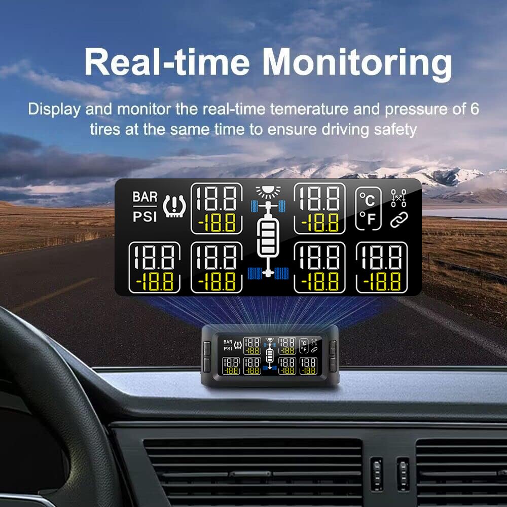 B-Qtech RV TPMS Tire Pressure Monitoring System, 6 Sensors, Wireless, Real Time Pressure & Temperature Display, Black, Model 31628