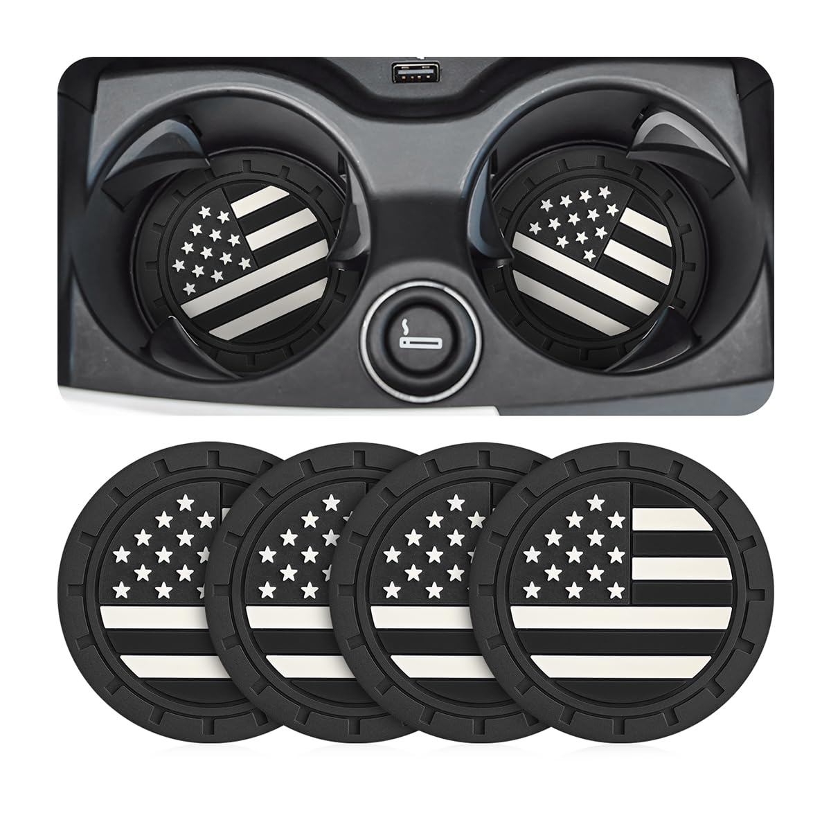 Osilly Car Cup Holder Coasters, 4 Pack American Flag Insert Car Cup Coaster, 2.75 Inch Pvc Anti Slip Shockproof Embedded Drink M