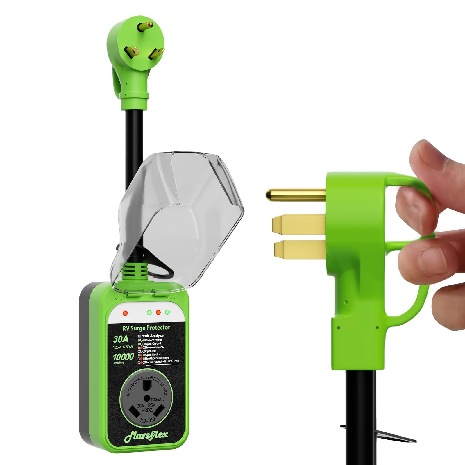 Marsflex Rv Surge Protector, 30Amp Rv Circuit Analyzer, 10000 Joules Surge Protection With Waterproof Cover, Led Display, Rv Vol