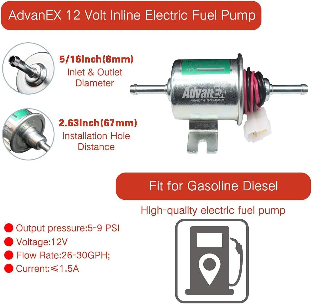 Advanex Electric Fuel Pump 12V Universal Low Pressure 5-9 Psi Gas Diesel Inline Metal Solid Petrol Compatible With Carburetor Hep-02A