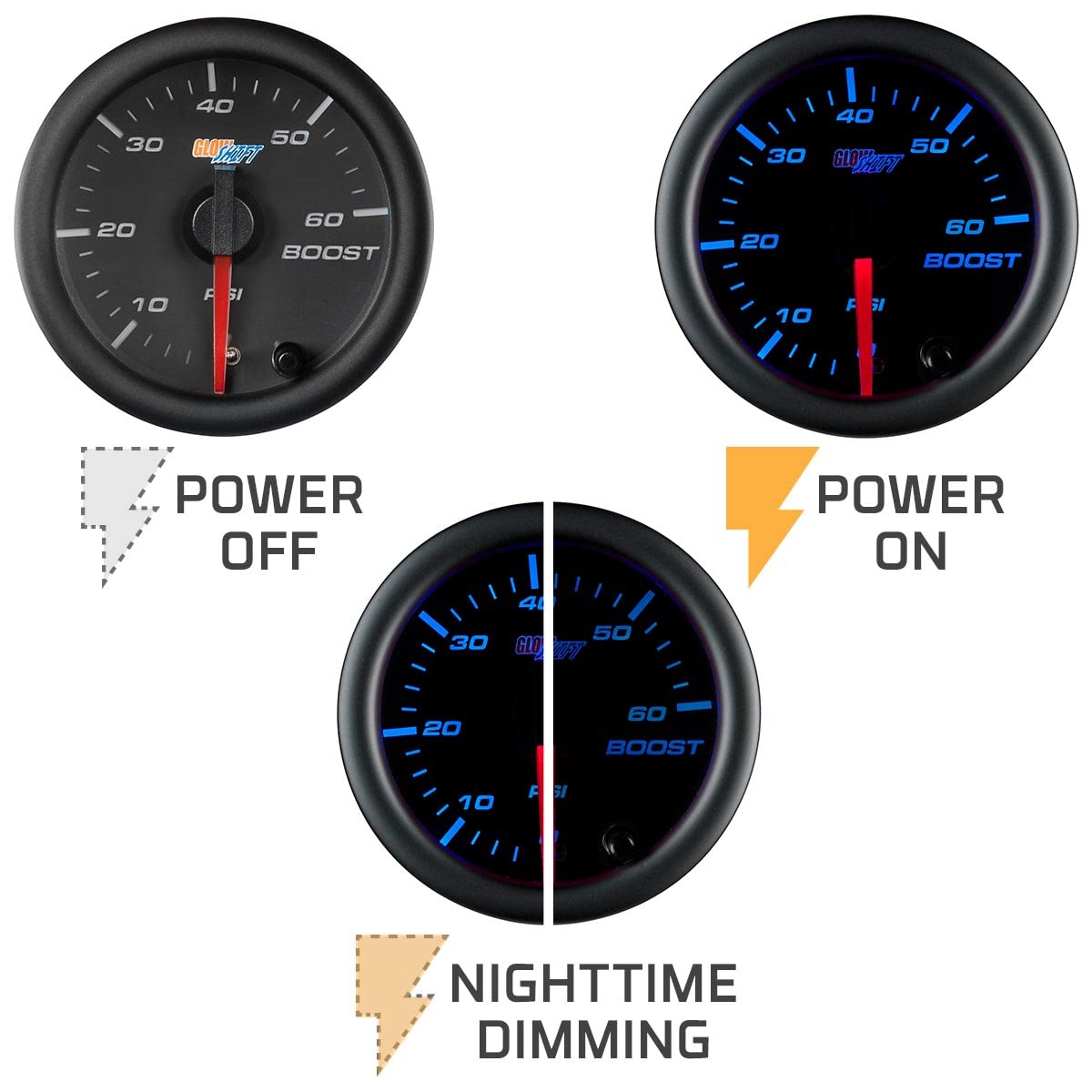 GlowShift Turbo Boost Gauge Kit - 60 PSI, 7 Color Display, Mechanical Hose, 2-1/16" (52mm), Model GS-C701_60, Black Dial