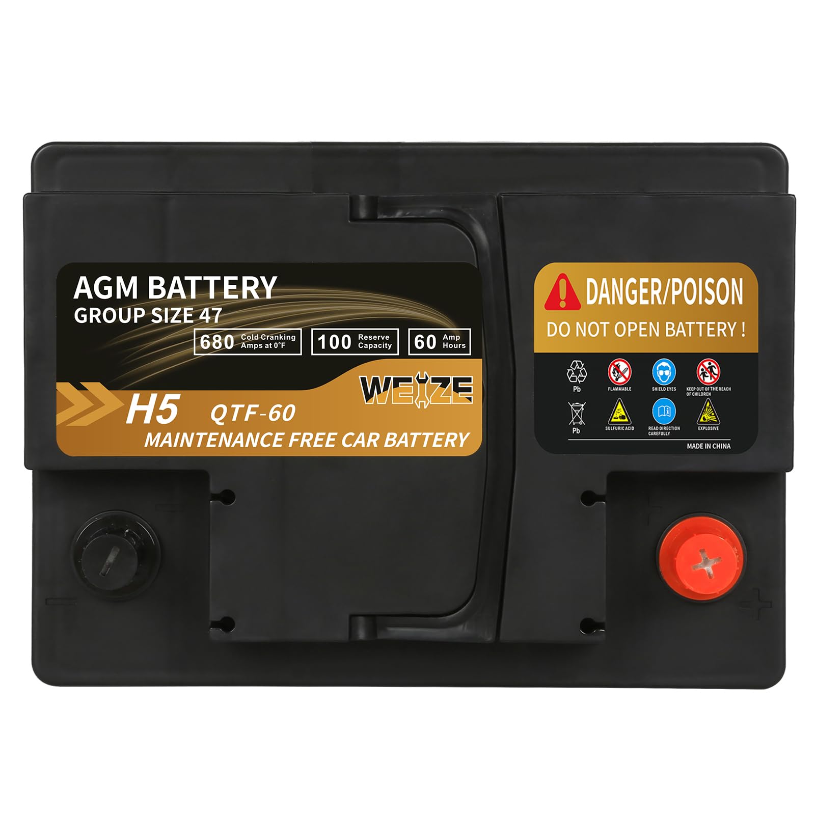 Weize Platinum Agm Battery Bci Group 47-12V 60Ah H5 Size 47 Automotive Battery, 100Rc, 680Cca, 36 Months Warranty