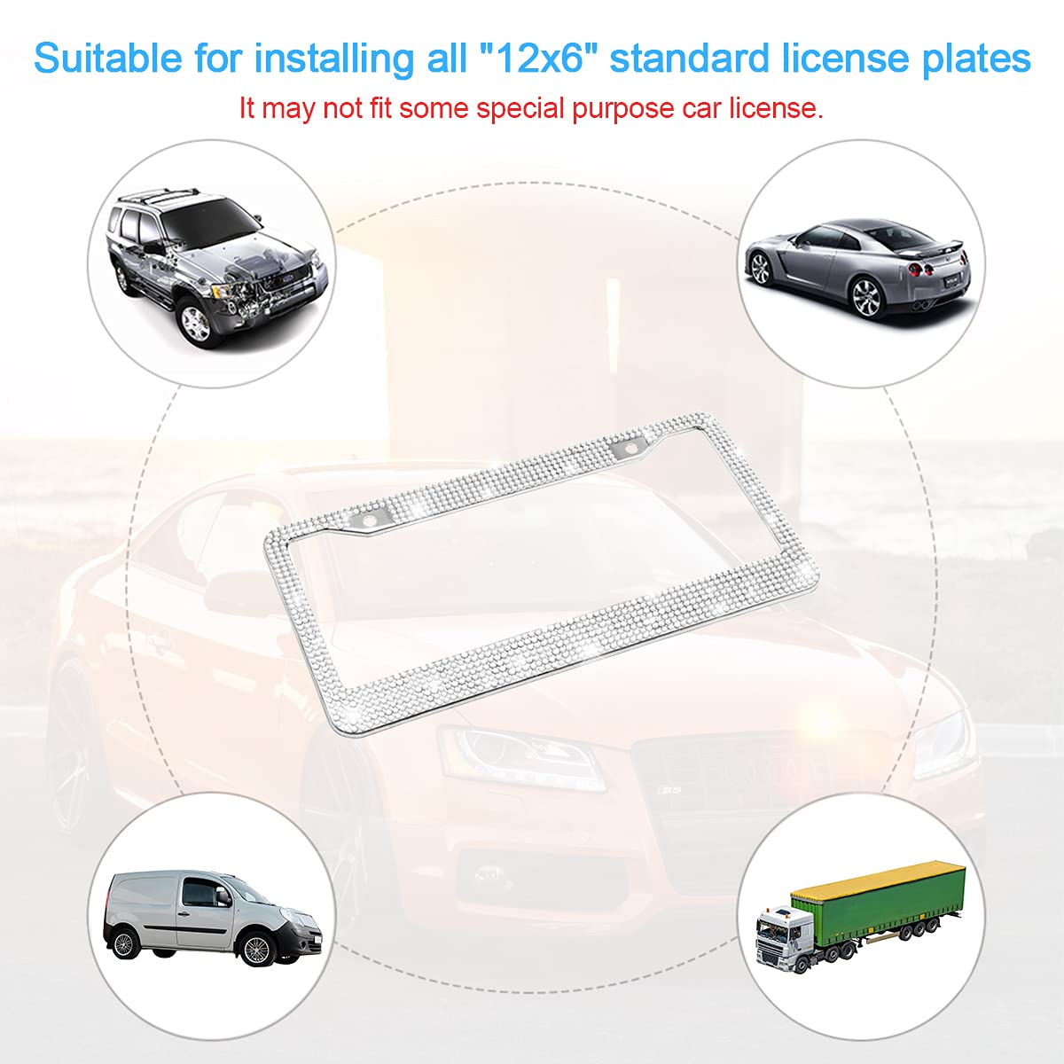 Bling Car License Plate Frame, Handcrafted Crystal Stainless Steel License Plate Frame, Sparkly, Durable, Universal Fit, Car Accessories For Girls, Women (White)