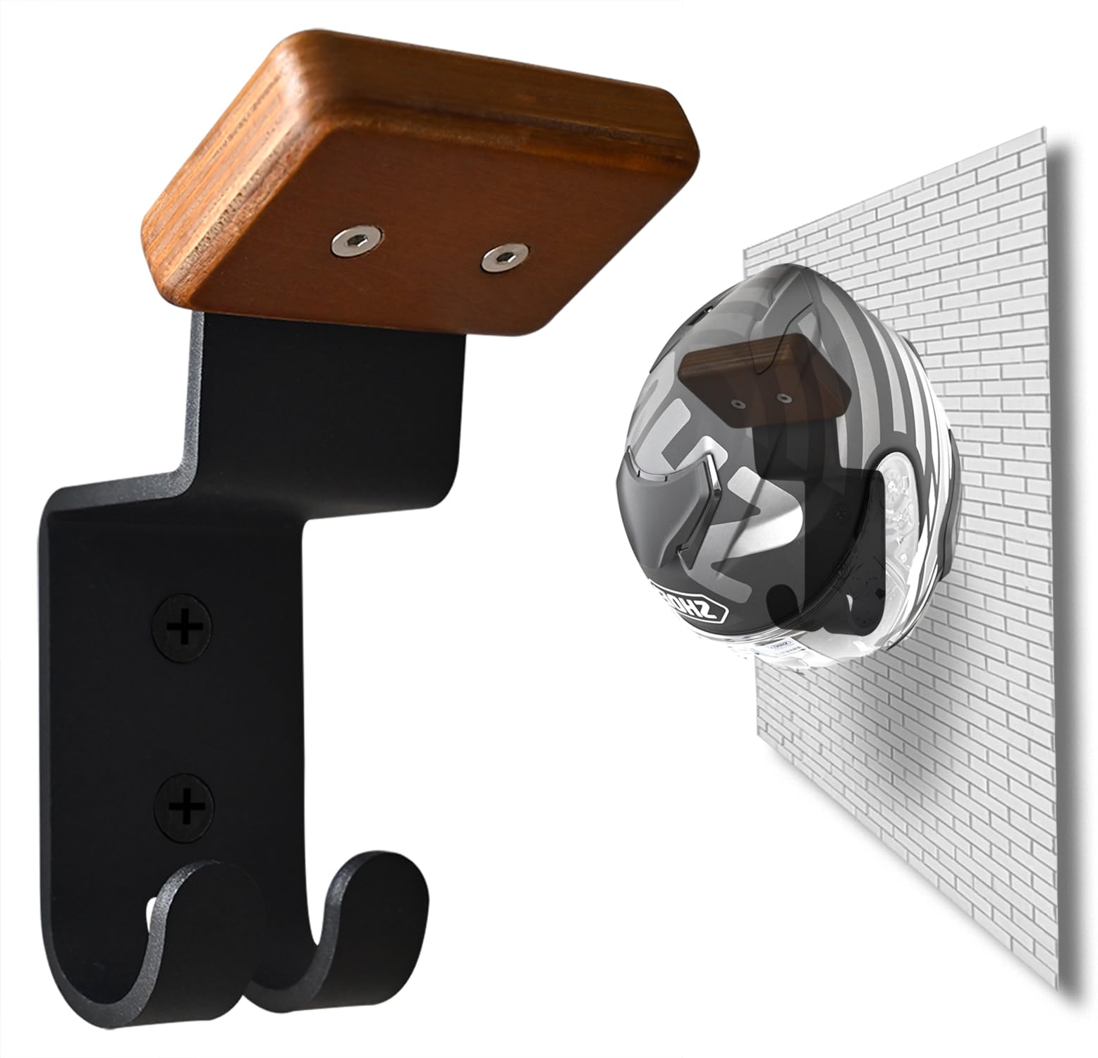 Helmet Holder Wall Mount, Motorcycle Gear Rack with 2 Key Hooks, Constructed with Solid Wood & Strong Steel for Bike Tactical Ge