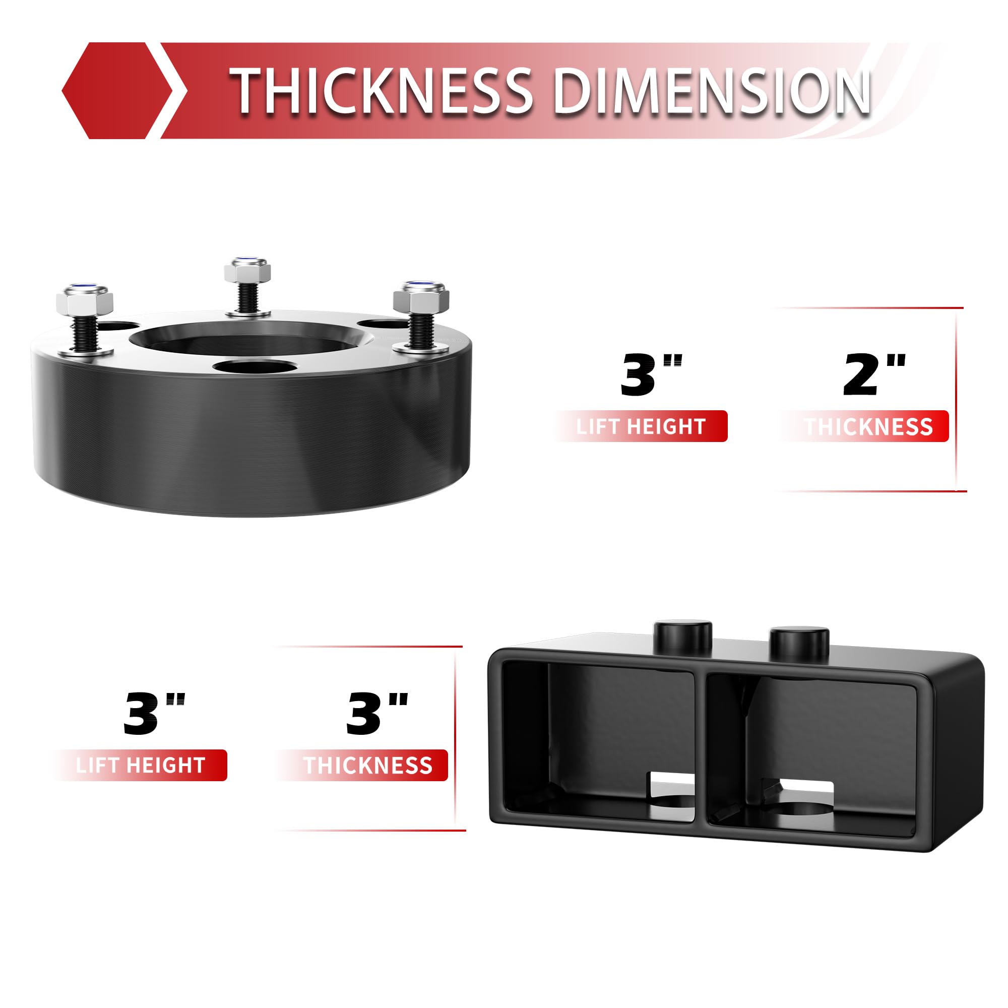 3''F + 3''R Leveling Lift Kit For 2004-2020 F150, 3'' Front Strut Spacers And 3'' Rear Black Leveling Lift Block Kit Extended Sq