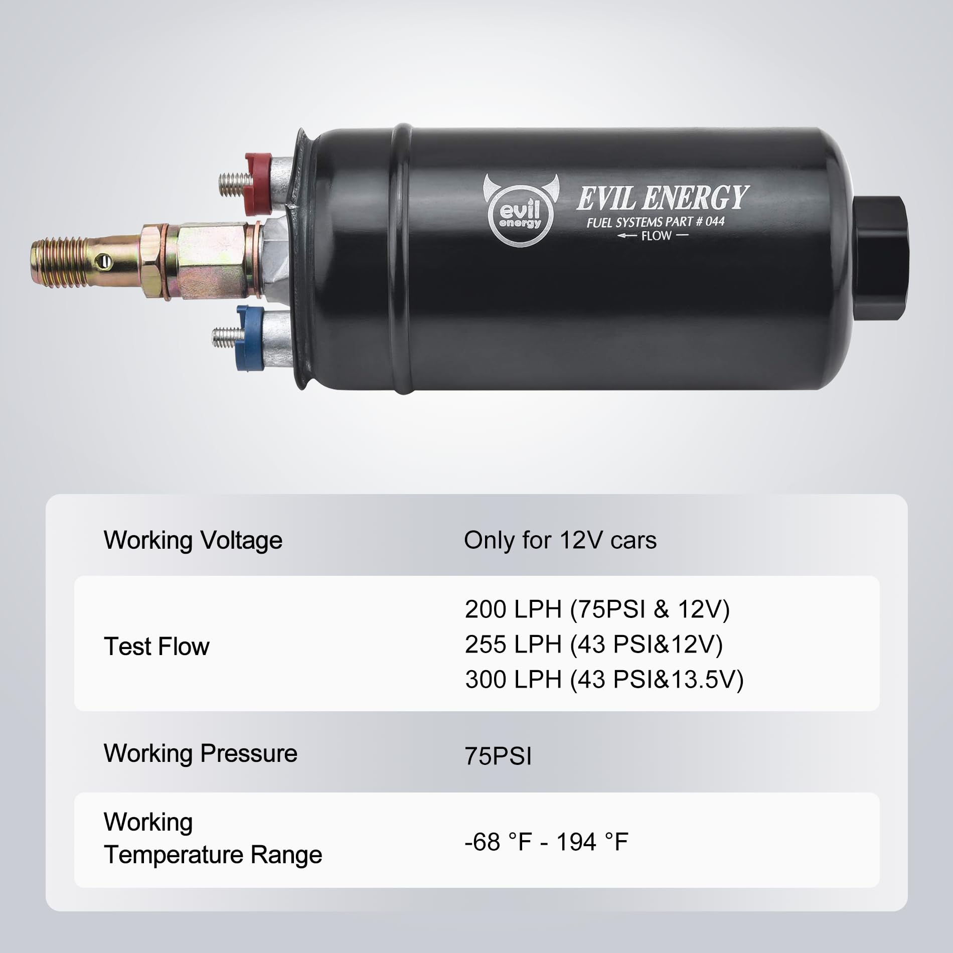 EVIL ENERGY External Inline Fuel Pump Electric 300LPH High Flow 12V with 60MM Bracket Clamp