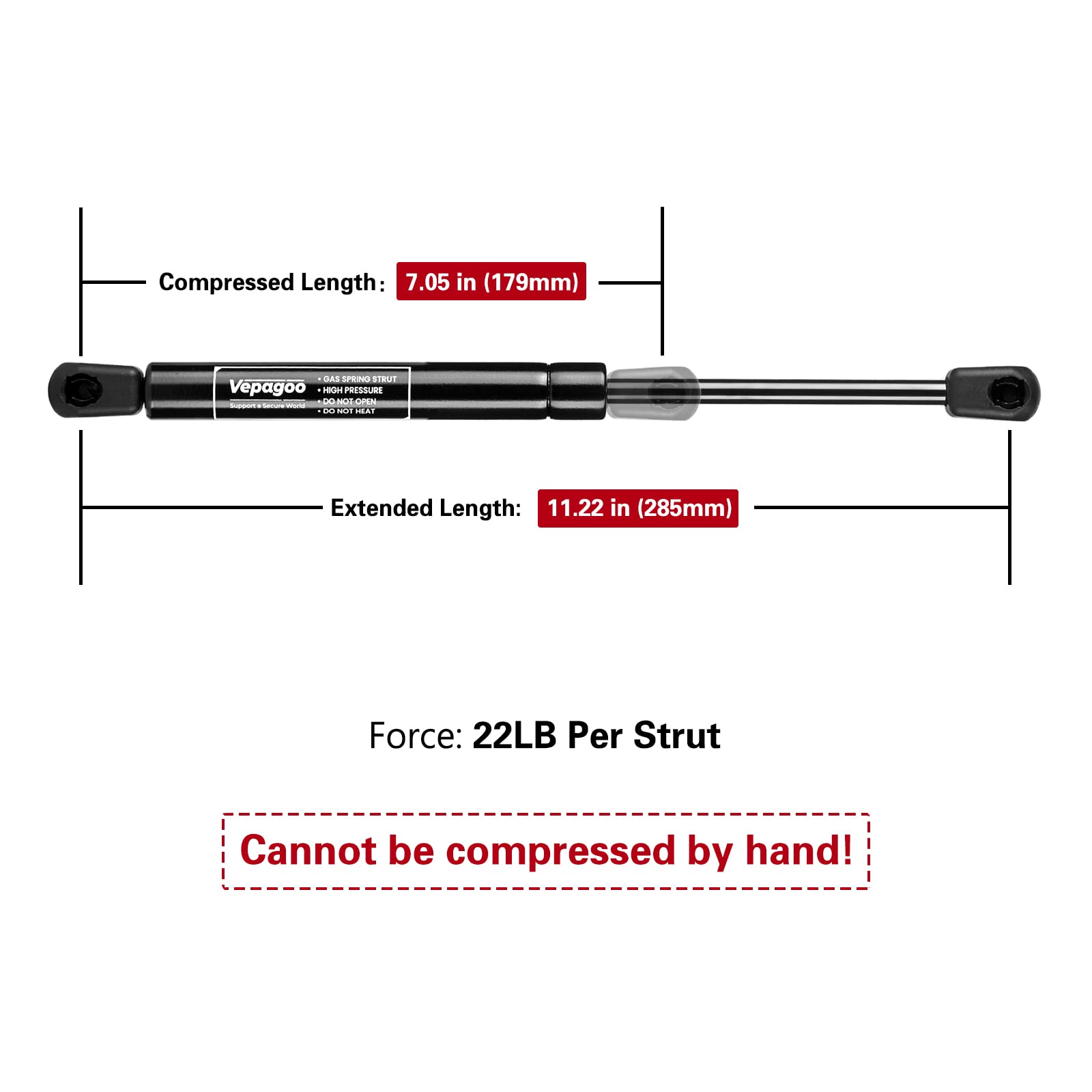 Vepagoo C16-14722 11.2inch 22lb/98N Gas Strut Shock Spring Lift Support Fit for Camper Shell Topper Window Yakima Rocket Box, Co