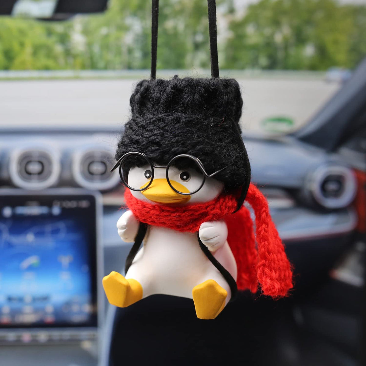 Cute Duck Car Mirror Hanging Accessory - Swing Duck Car Pendant With Red Scarf
