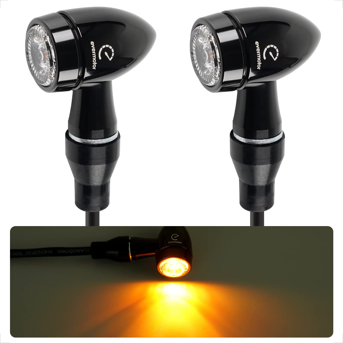 Evermotor Tor Mini Bullet Motorcycle Turn Signals - Led Blinkers Amber Light, Cnc Machined, Aluminium Alloy - 12V Front Rear Ind
