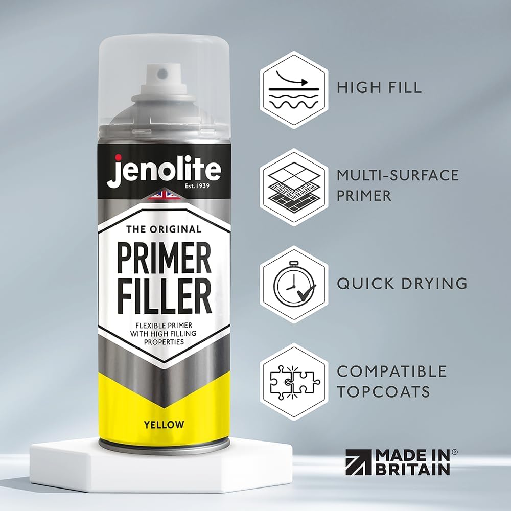 Jenolite Primer Filler Aerosol Paint | Yellow | Flexible Primer With High Filling Properties | Fills Small Dents & Scratches For