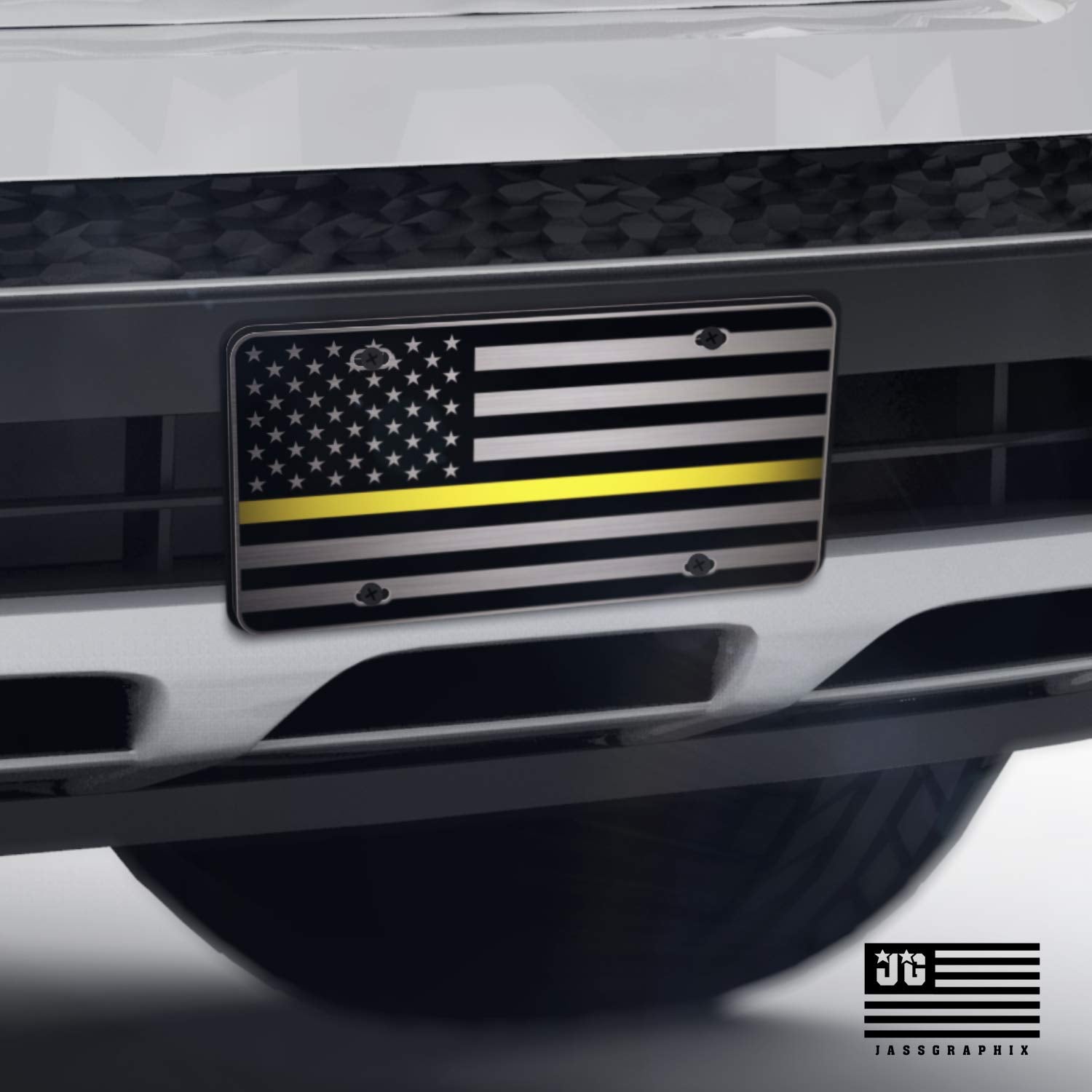 Jass Graphix Dispatcher Thin Yellow Line American Flag License Plate Matte Black On 1/8'' Brushed Aluminum Composite Heavy Duty