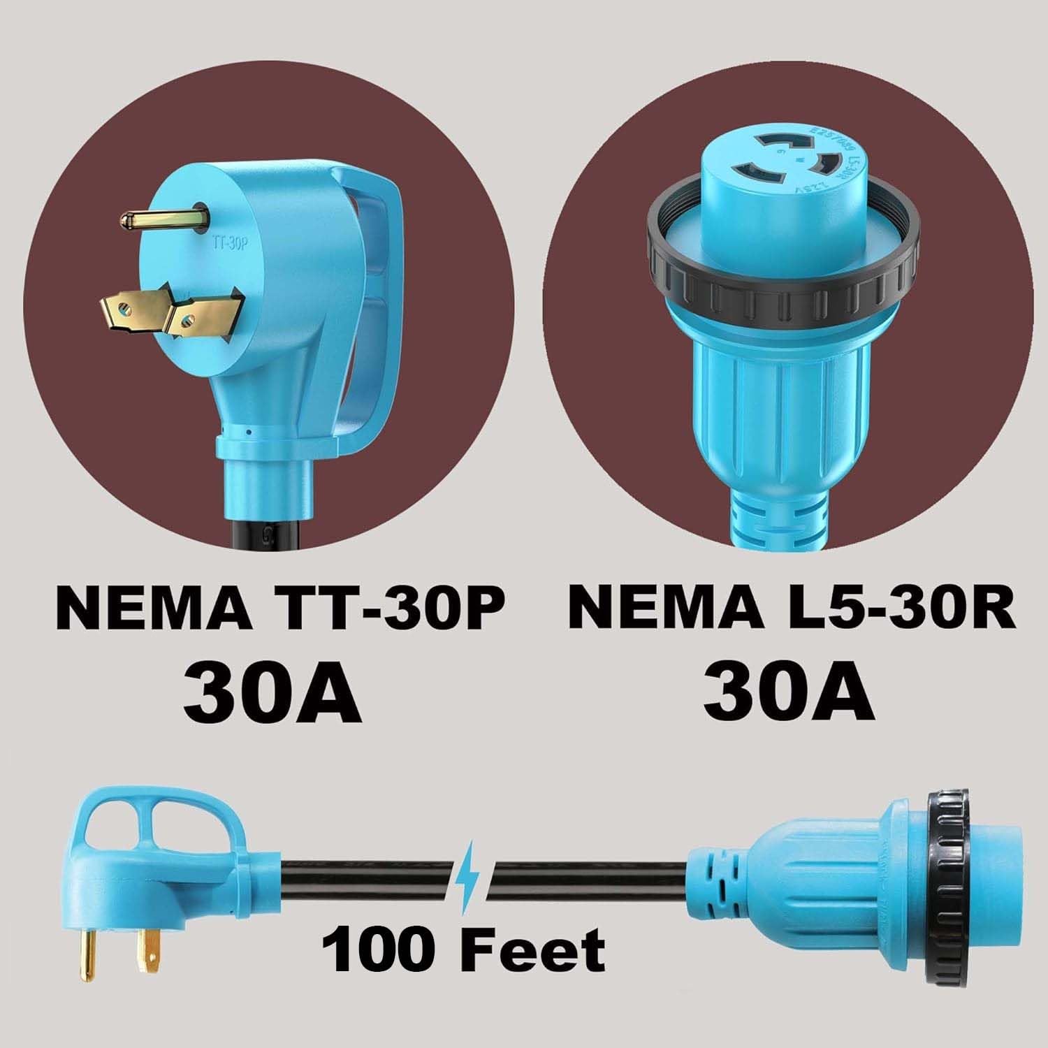 Circlecord 30 Amp 100 Feet Rv Power Cord Twist Locking, Heavy Duty 10 Gauge 3 Wire Stw Pure Copper Wire With Grip Handle, Tt-30P