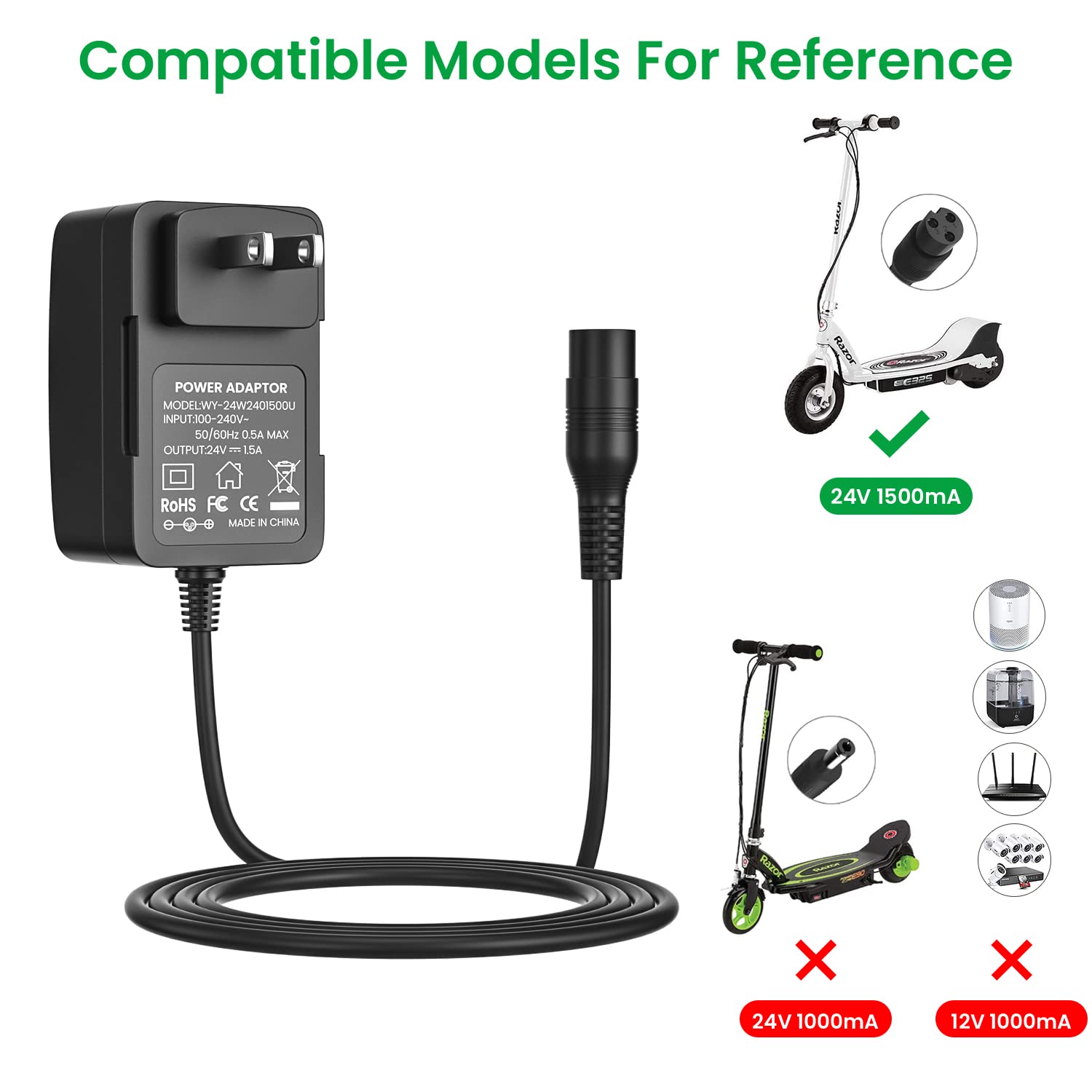 Auspow 24V Power Supply For Razor Mx350, Dirt Quad, Pocket Mod, E200, E300, Pr200, E100, E500, And Sports Mod, 3-Prong 24V 1.5A