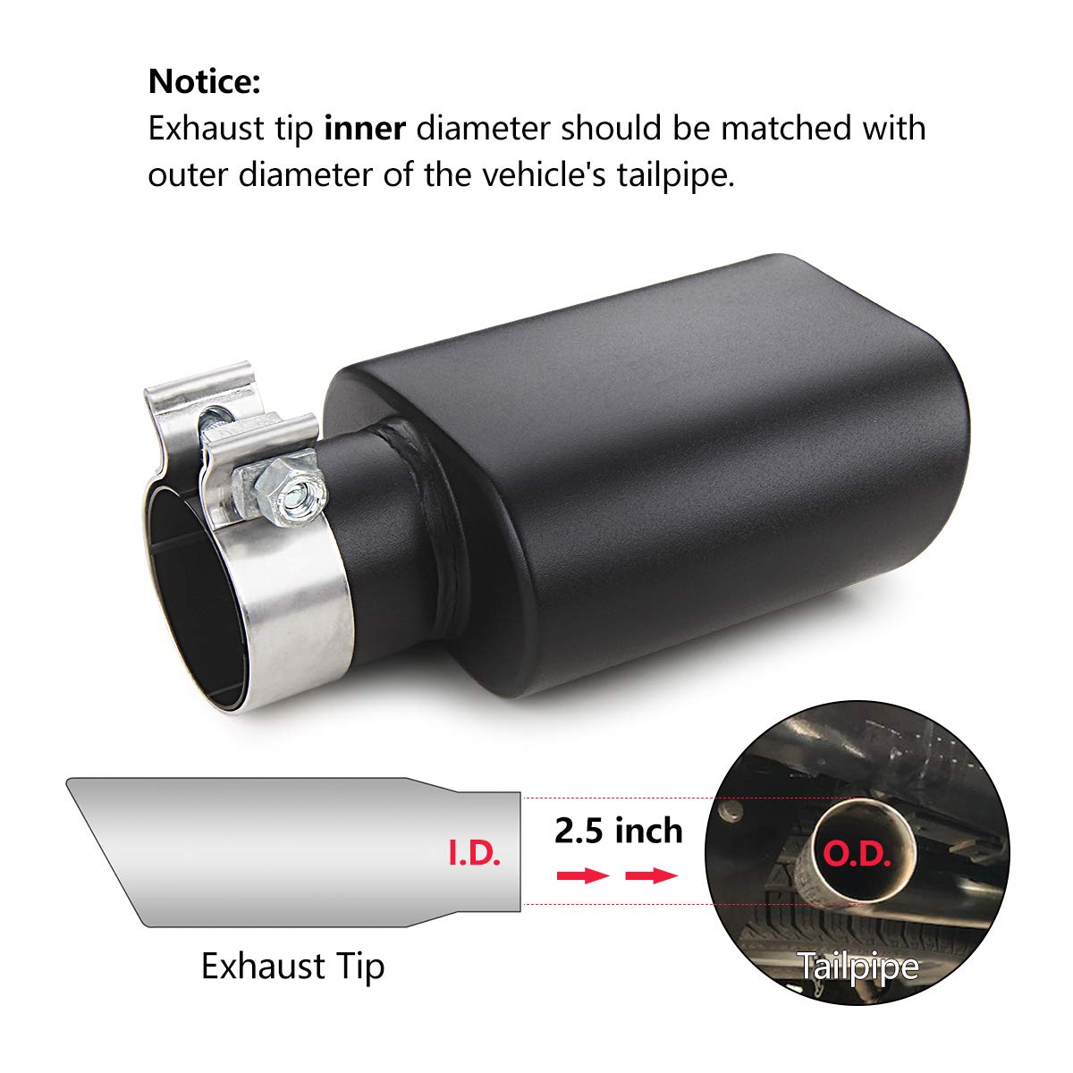 Square Exhaust Tip 2.5' Inlet, A-Karck Black Coating Rectangle Exhaust Tailpipe Tip 3' X 5.5' Outlet 9.5' Long, Clamp On Design