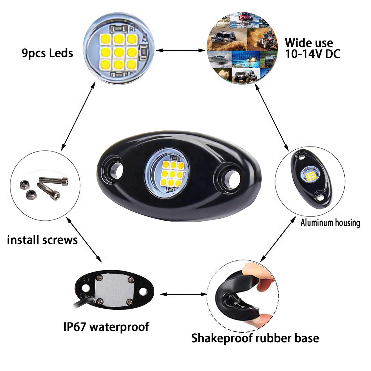 Yellow Led Rock Lights, 4 Pods Neon 12V Waterproof Underglow Underbody Kit Crawler Crawling Dome Exterior Wheel Lights For Atv R