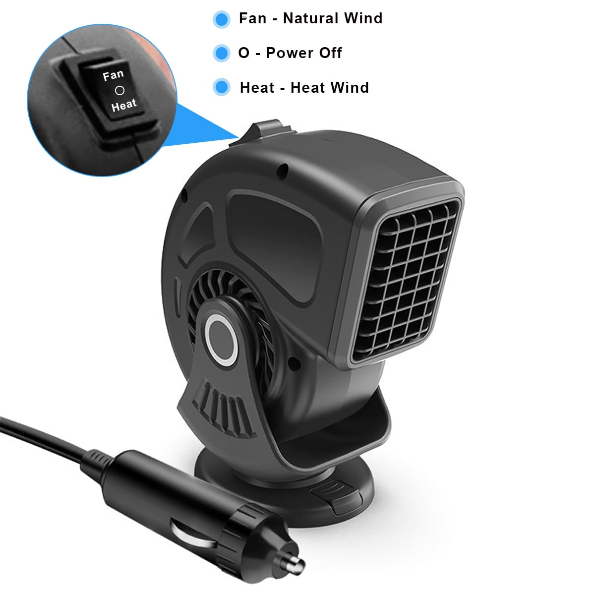 Wheelx Car Heater 12V 150W, Portable Fast Heating & Cooling 2-In-1 Mode Fan, Cigarette Lighter Plug, 360  Rotatable, Windscreen