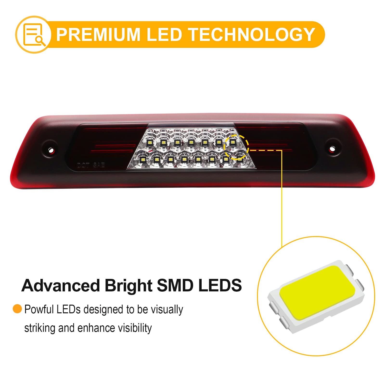 R&F Auto Led Clear Red Lens 3Rd Brake Light Replacement For F150 (2009-2014) High Mount Stop Lamp Tail Rear Cab Roof Cargo Lights With Seal Foam Gaskets