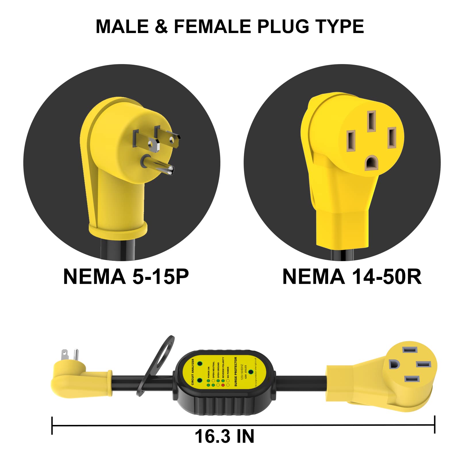 Eygde 15 Amp To 50 Amp Rv Adapter, 4200 Joules Electrical Power Adapter With Surge Protector, Circuit Analyzer Power Guard 5-15P To Nema 14-50R For Camper Travel Trailer