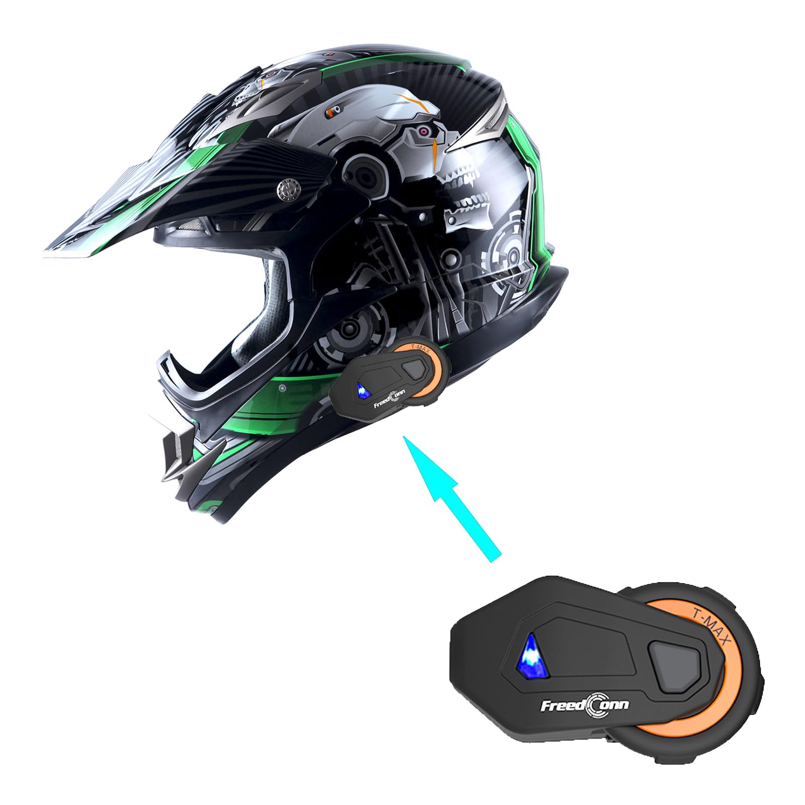 1Storm Adult Motocross Helmet Off Road Mx Bmx Atv Dirt Bike Mechanic + Motorcycle Bluetooth Headset: Skull Green