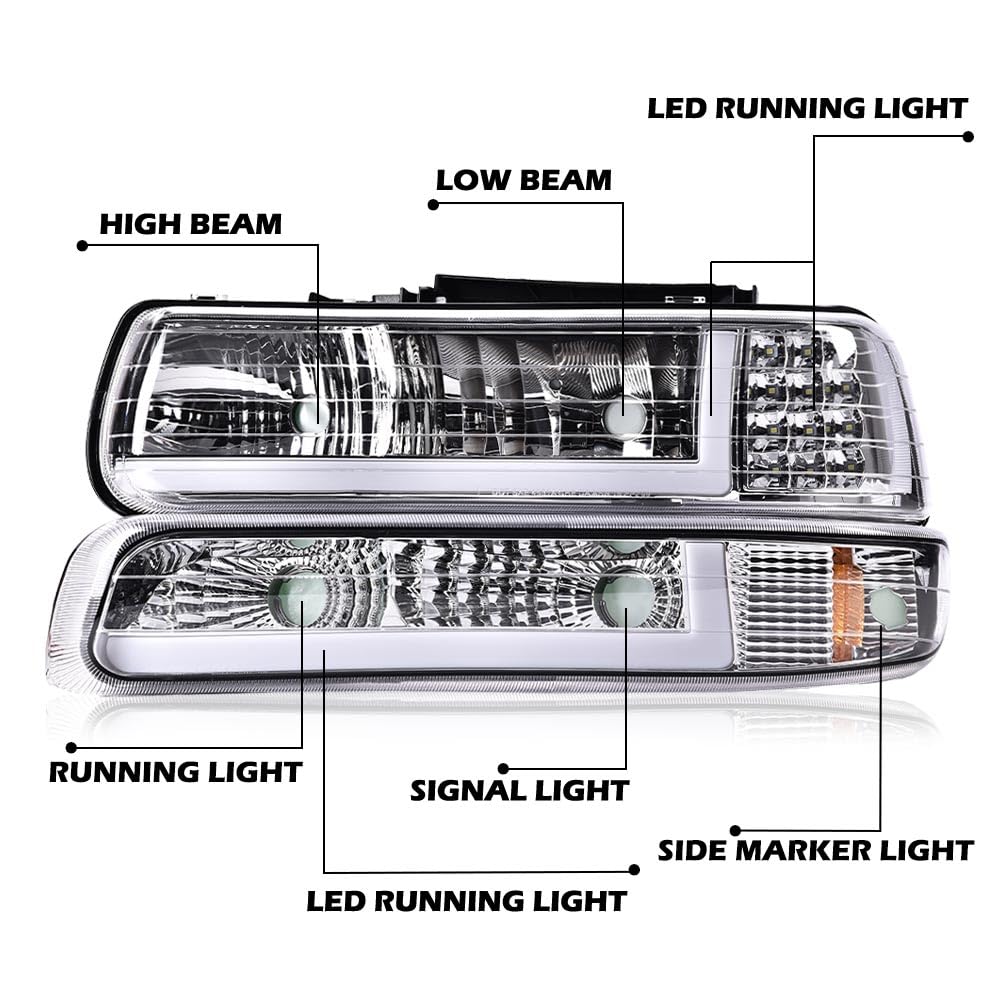 Pit66 Led Drl Headlight Assembly, Compatible With 1999-2002 Chevy Silverado / 2000-2006 Tahoe Suburban Headlamp W/Bumper Lights