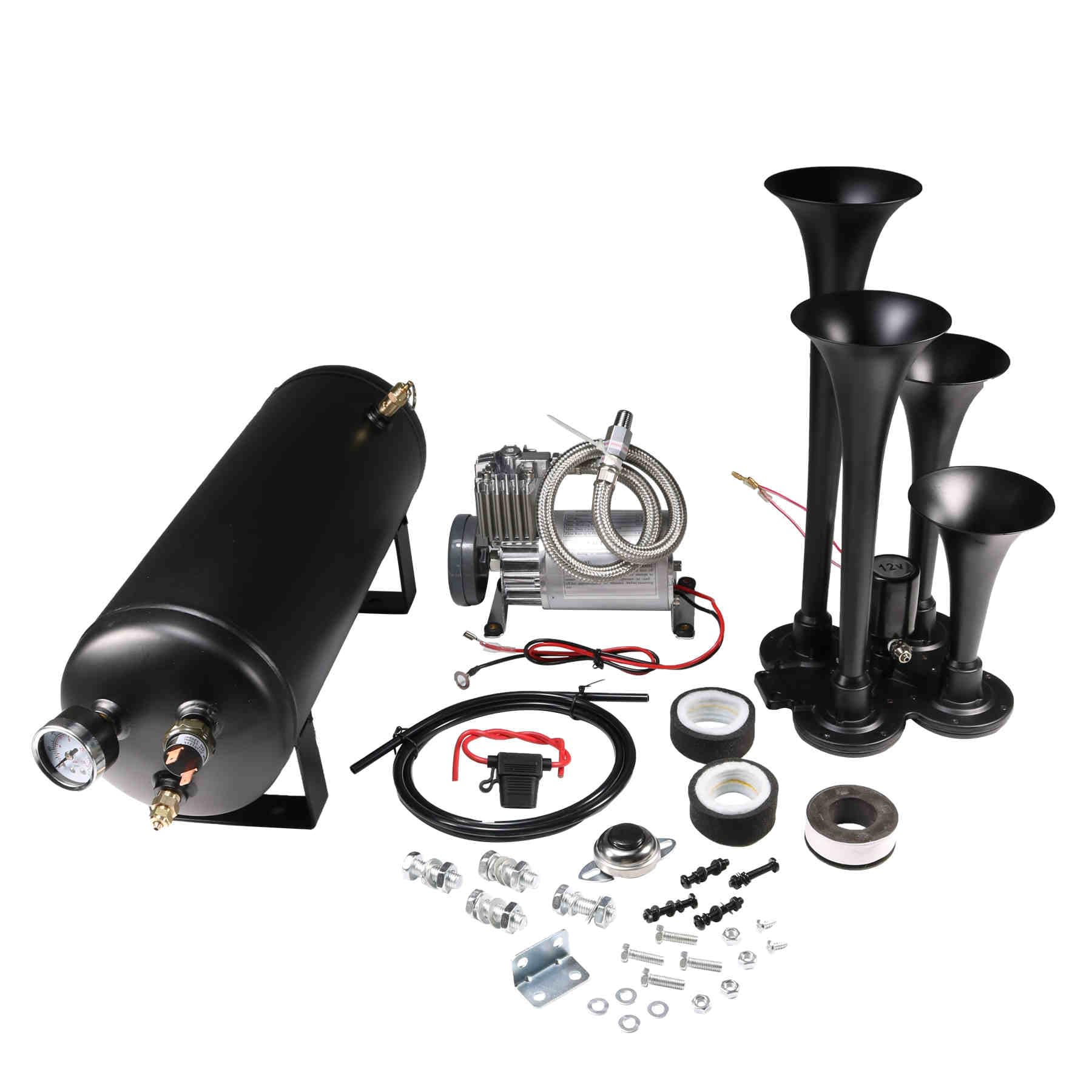 12V 4 Trumpets Train Horn Kit 150psi Complete Onboard System 150psi Air Compressor 1.5 Gallon Air Tank 4 Trumpets Fits Any Vehic