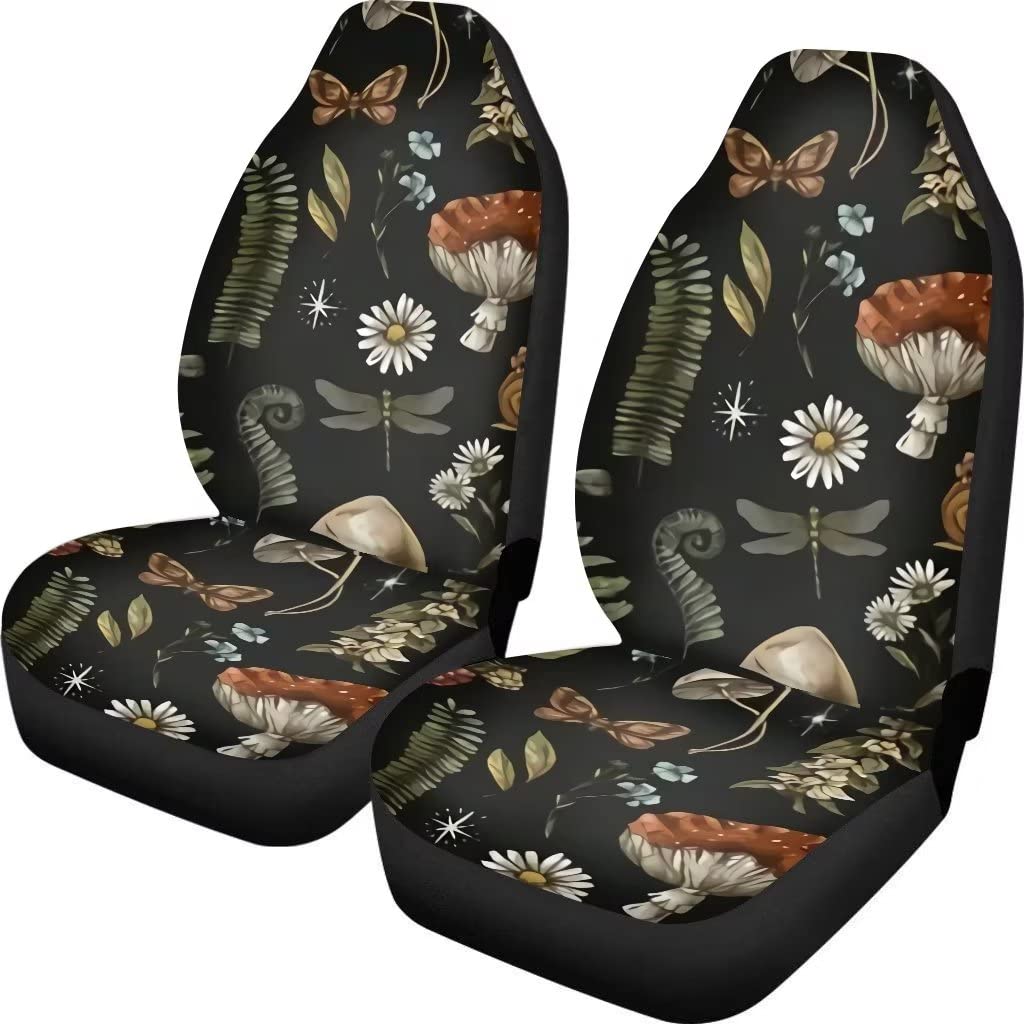Fuibeng Mushroom Car Seat Covers,2 Pcs,Daisy Dragonfly Butterflies Mushroom Auto Seat Cover Pad For Front,Universal Elastic Vehi