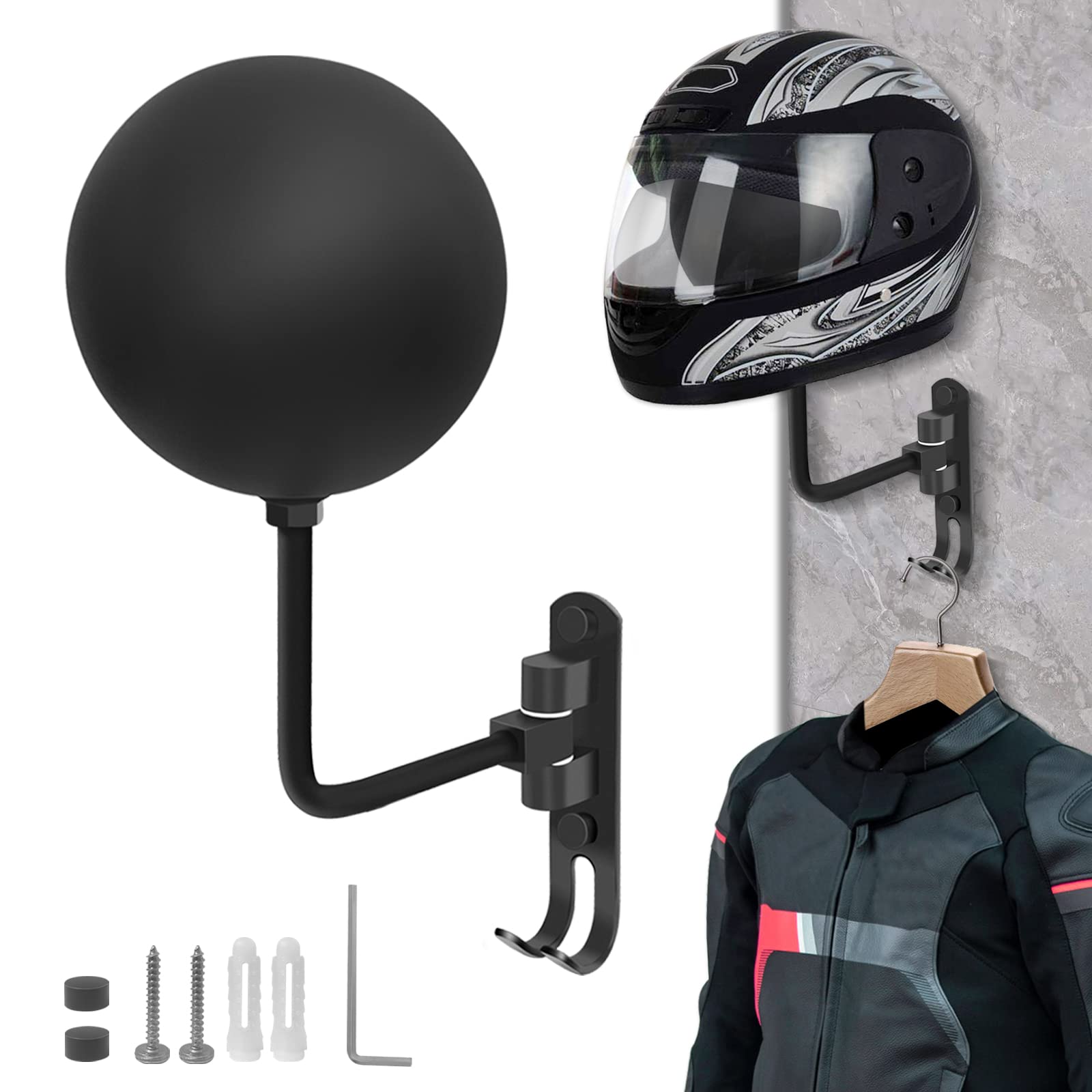Vuaohiy Motorcycle Helmet Rack, Helmet Holder Wall Mount 180° Rotation Hanger With 2 Hook For Coats, Caps, Motorcycle Accessories (Black, 1 Pcs)