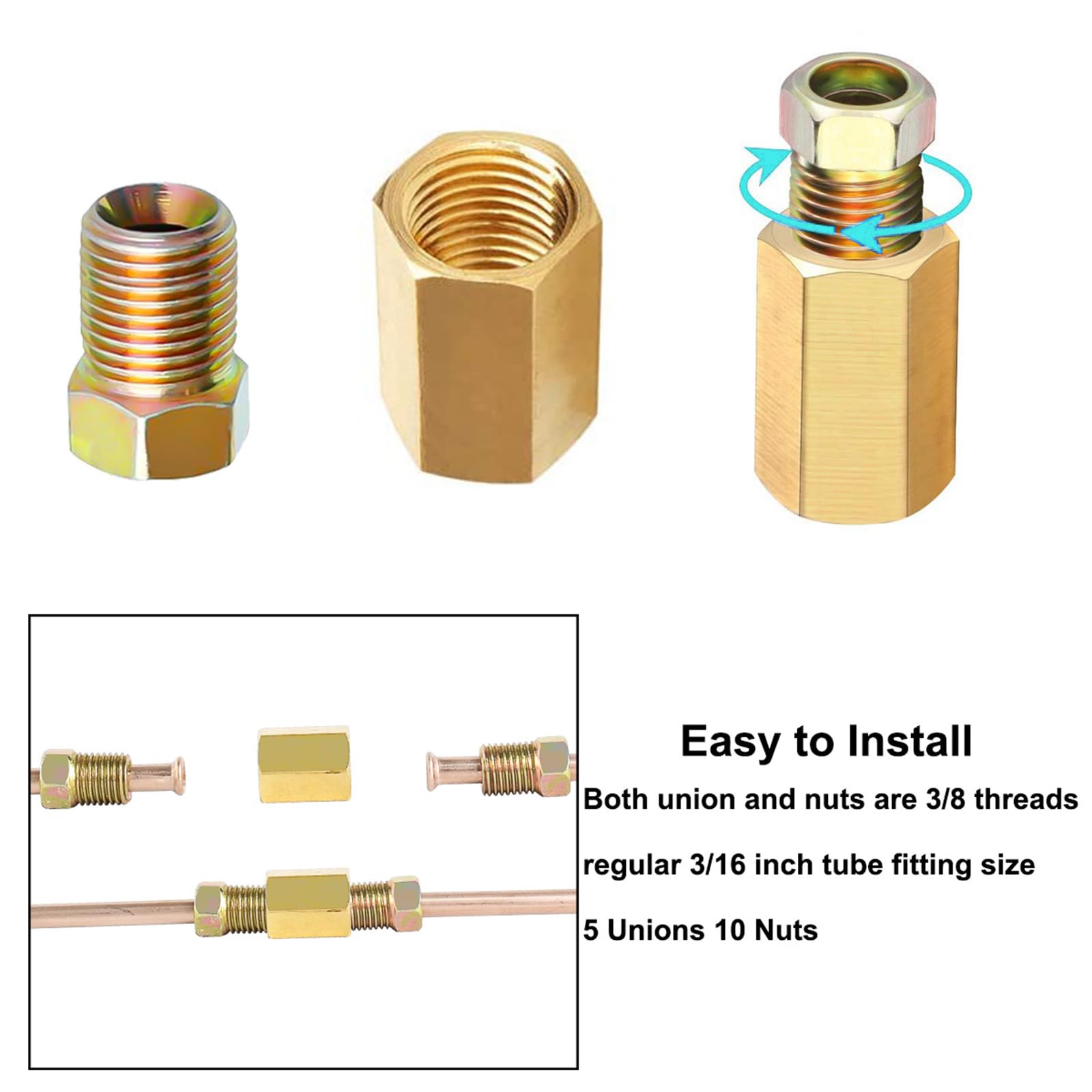 Muhize 3/16'' Brake Line Fittings - Upgraded 15 Pieces 3/8'-24 Threads Assortment Brake Fitting For 3/16 Inch Brake Line Tube (5