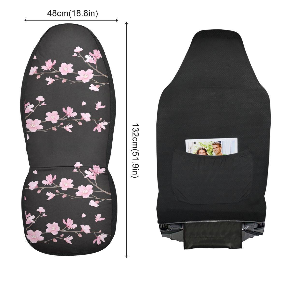 LONSANT Cherry Blossom Car Seat Covers Set of 2,Japanese Pink Flowers Print Tree Branches with Falling Petals Universal Auto Fro