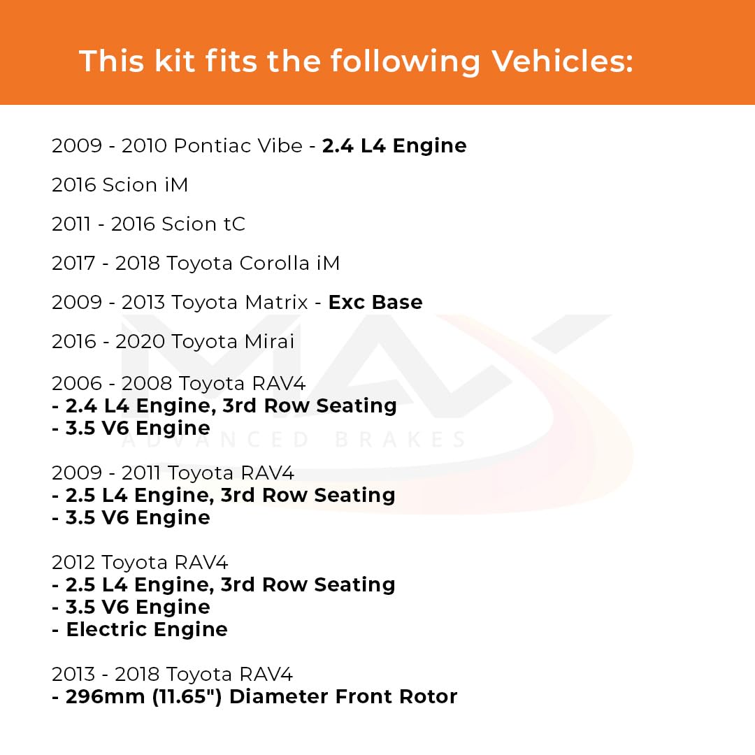 Max Advanced Brakes Front Brake Kit For 2006-2018 Toyota Rav4 W/3Rd Row Seating W/11.65' Diameter Front Rotor Replacement Cross Drilled Disc Brake Rotors And Ceramic Brake Pads