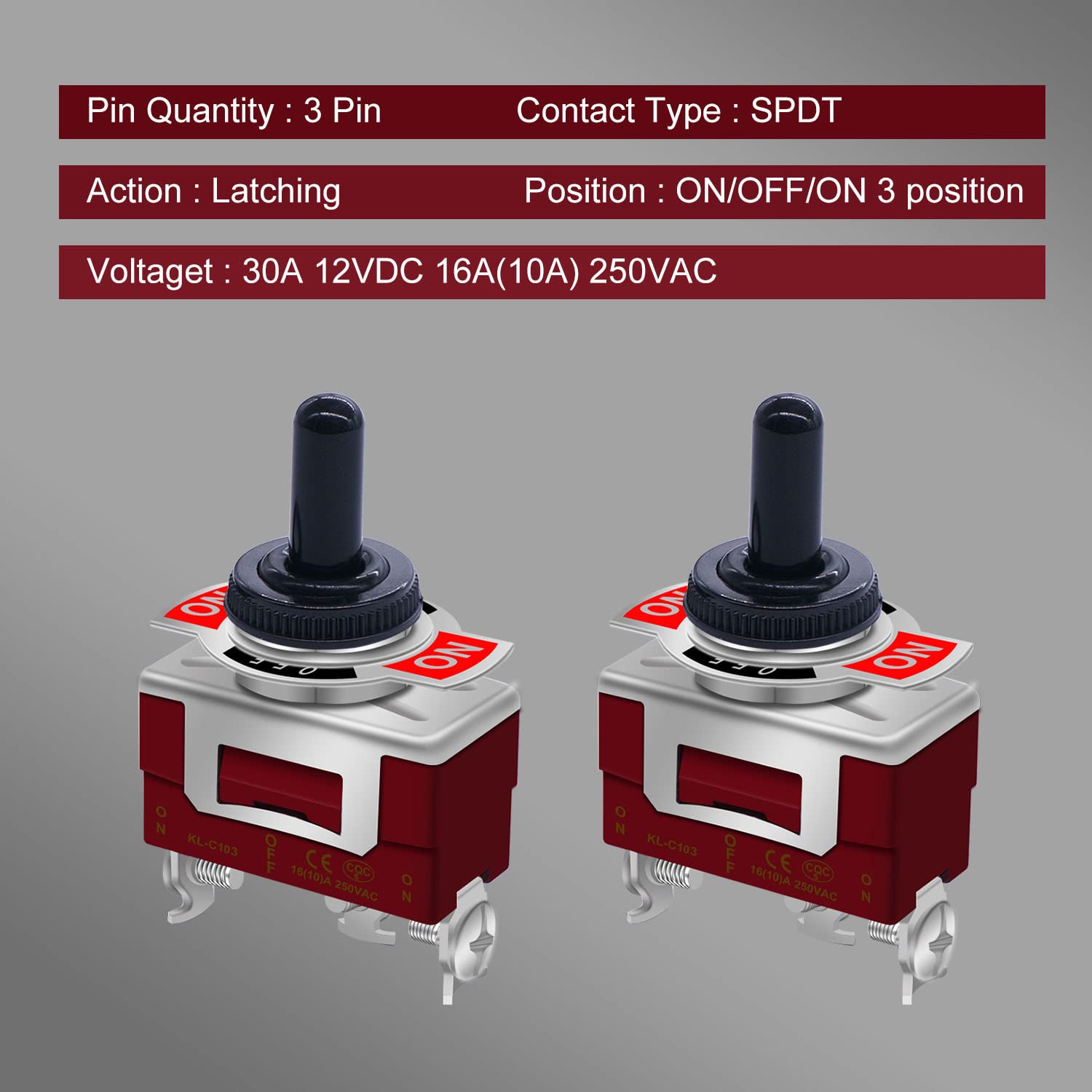 Weideer 2Pcs Toggle Switch 12V 30A On/Off/On 3 Pin 3 Position Spdt Waterproof Switch With Waterproof Cap Terminals For Auto Car