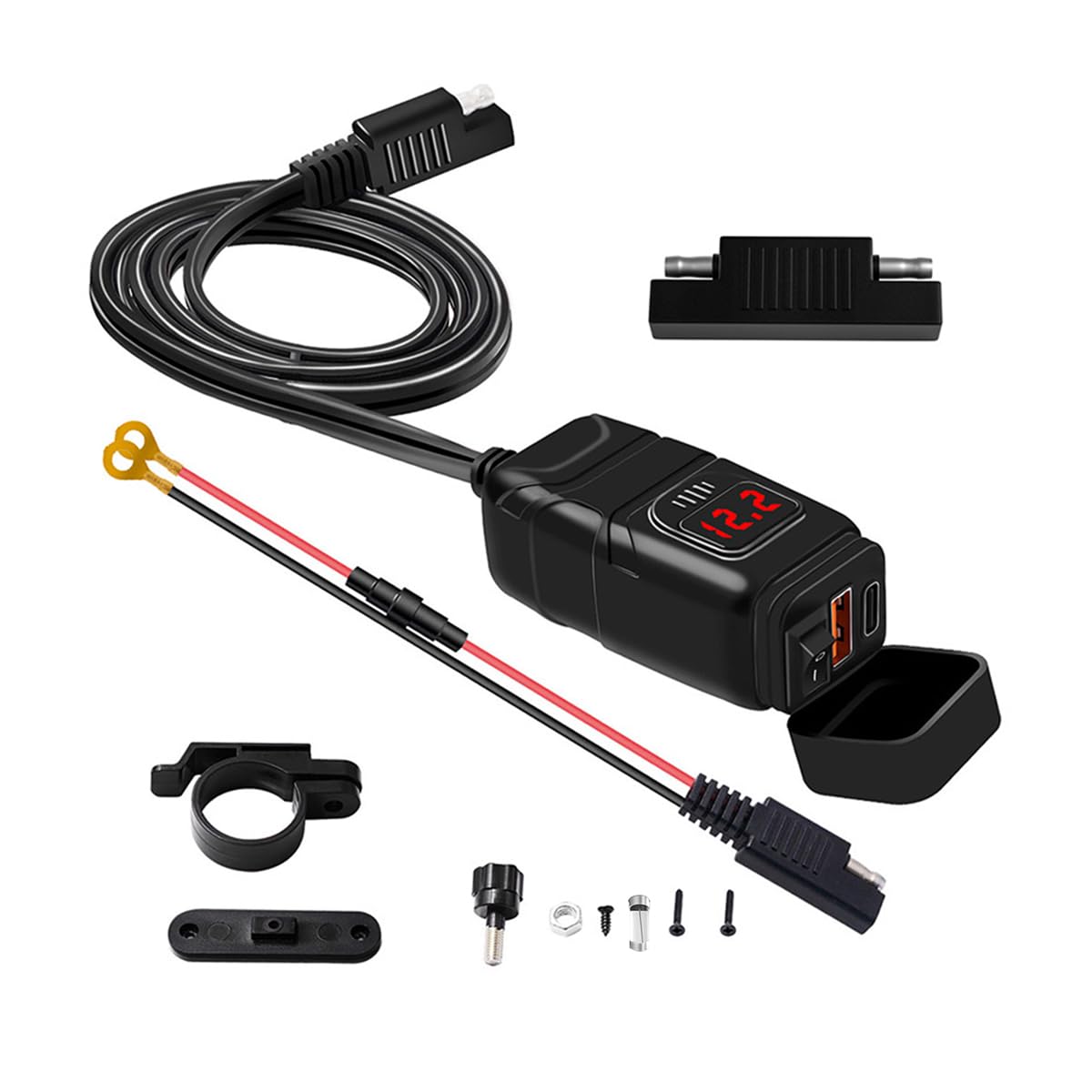 Ankuee Motorcycle Usb Phone Charger, Waterproof Sae To Usb Adapter With Voltmeter & On/Off Switch, Dual Usb Quick Charge 3.0 Charger, Motorcycle Accessories For Phone, Tablet, Gps, Etc (Red)