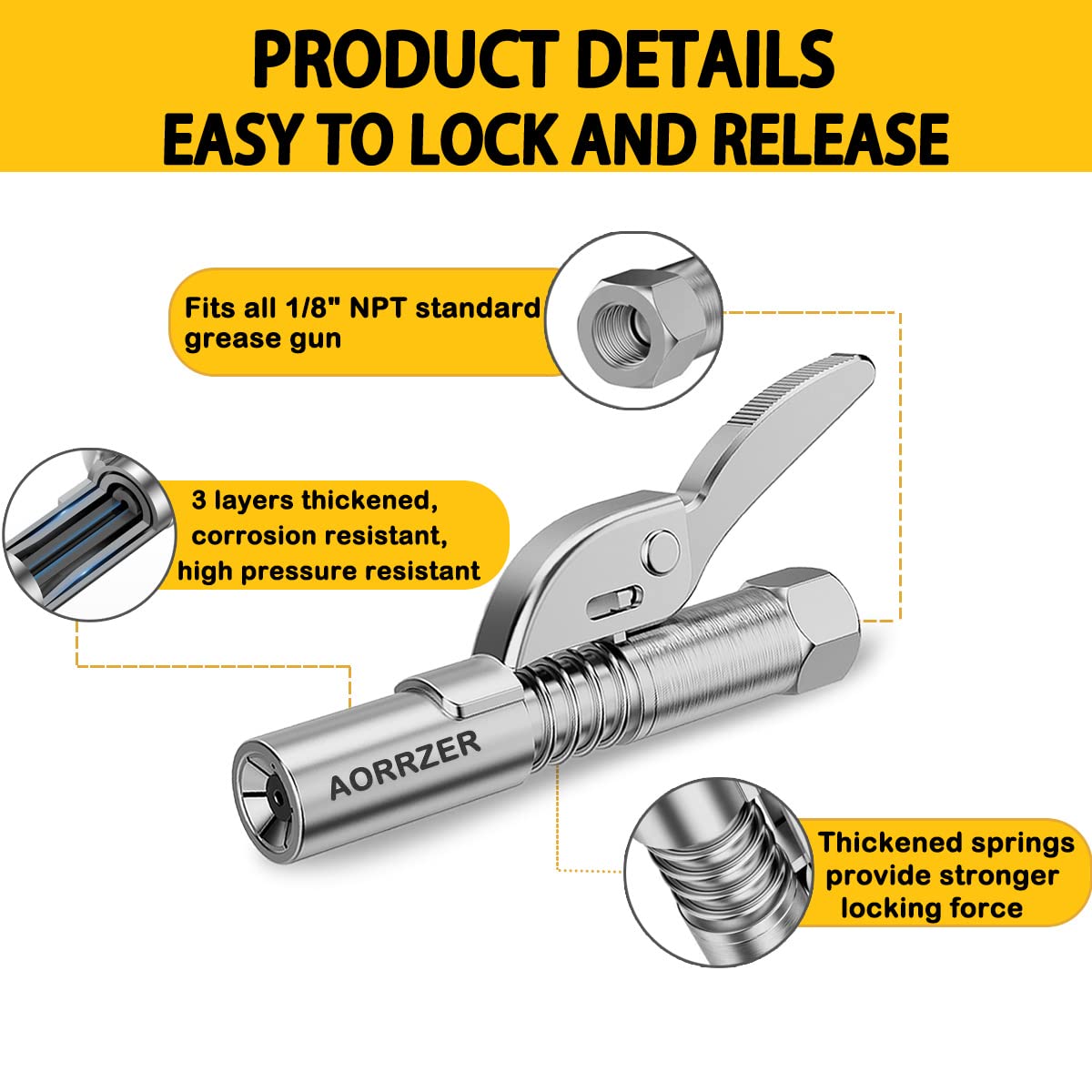 Aorrzer Grease Gun Coupler, Strong Lock On Greases Gun Couplers, 12000 Psi Quick Release Grease Coupler With 12 Spring Flex Hose, Compatible With All Grease Guns 1/8 Npt Grease Gun Fitting(1 Pcs)
