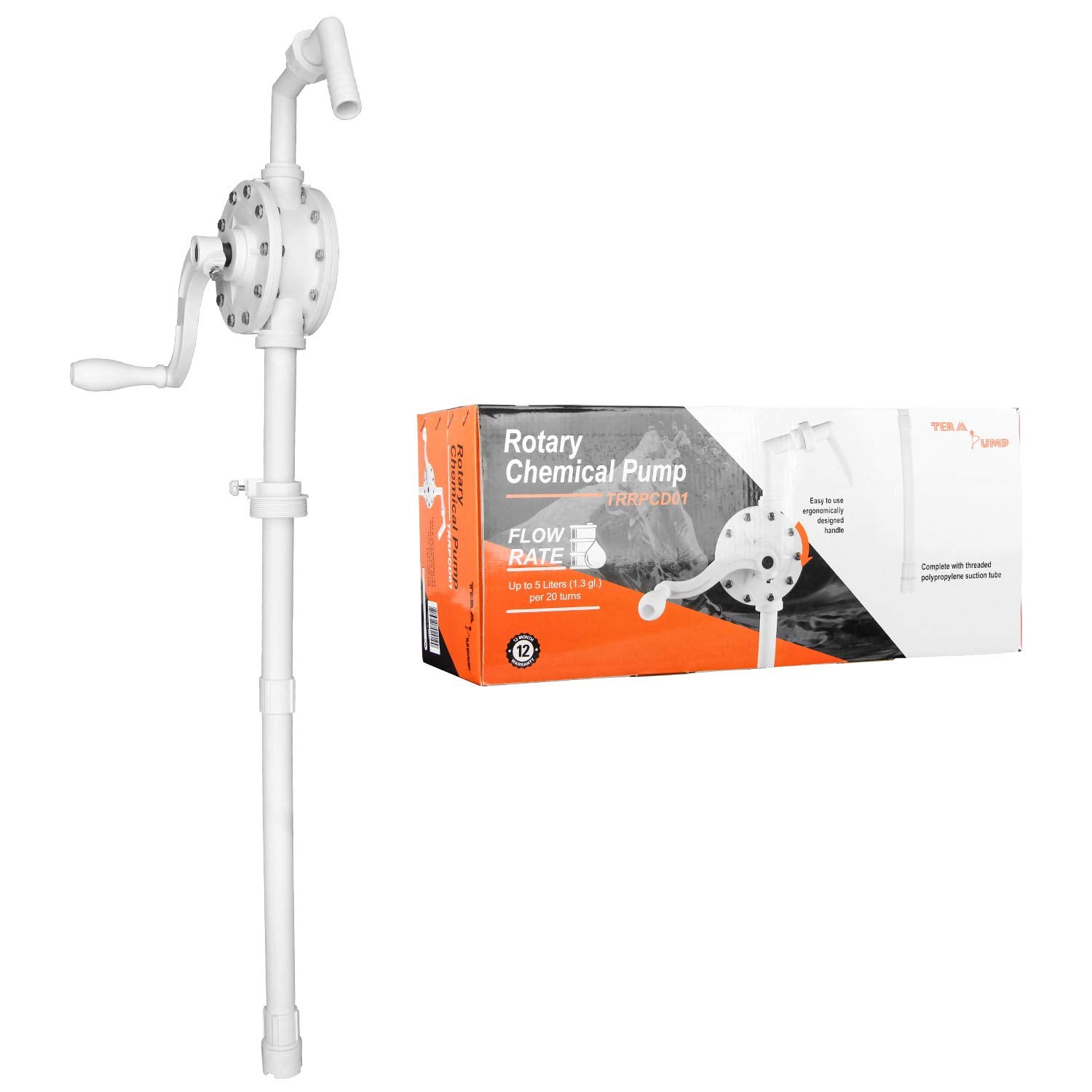 TERA PUMP Barrel Chemical Pump for 55 Gallon Barrel, Heavy Duty Polypropylene, Hand Crank Action Pump, 10 GPM, Corrosion Resista