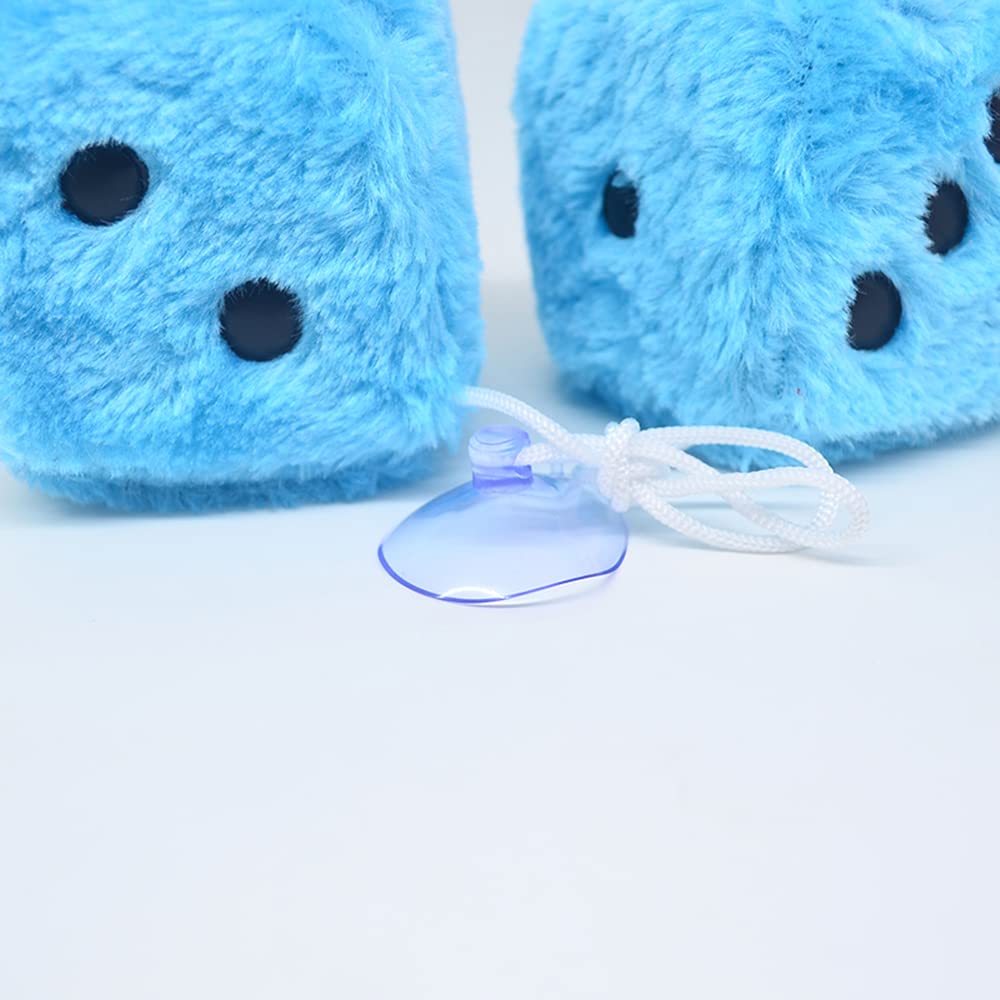 Fuzzy Plush Dice For Car Mirror, Pair Of Retro 3    Light Blue Dice With Black Dots For Car Interior Hanging Ornament Decoration