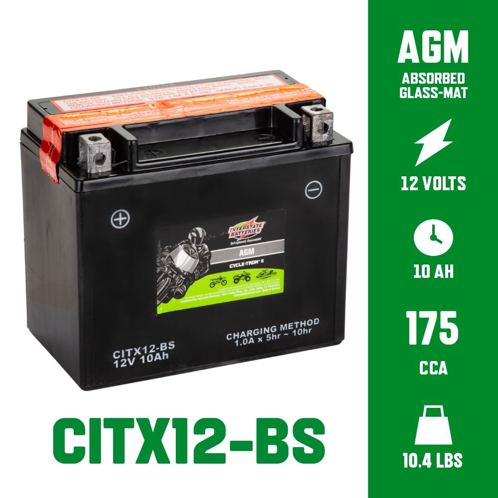 Interstate Batteries Ytx12-Bs 12V 10Ah Powersports Battery 175Cca Agm Rechargeable Replacement For Honda, Kawasaki, Suzuki Motor