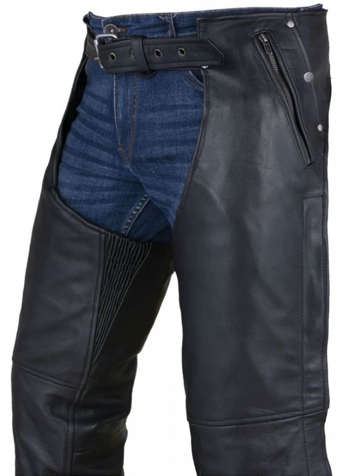 Black Motorcycle Leather Chaps For Men Women Riding With Zip Out Liner, Cowboy Biker Chap Pants With Four Deep Pockets, 9Xl