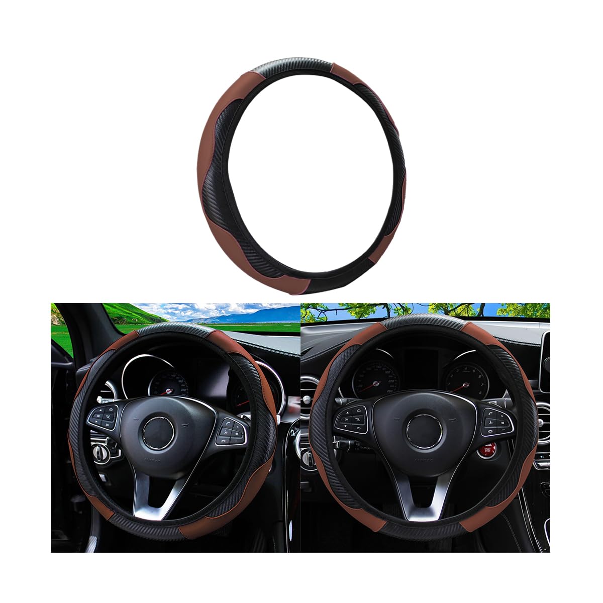 15 Inch Car Steering Wheel Cover, Carbon Fiber Microfiber Leather Elastic Stretch, Anti-Slip Breathable Steering Wheel Protector For Women Men, Car Accessories For Suv, Truck, Van (Coffee)
