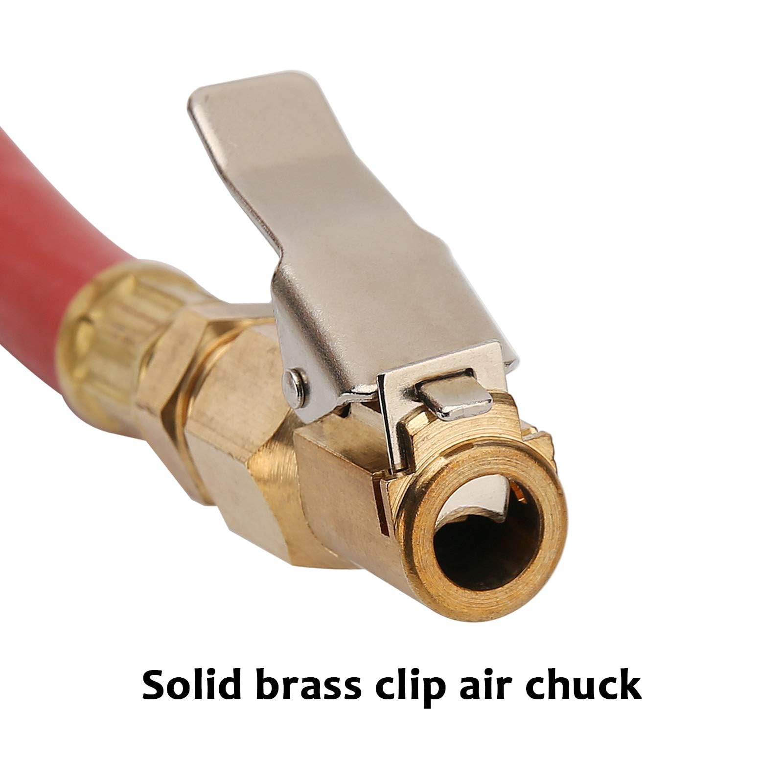 Measureman Heavy Duty Bayonet Style Tire Inflator, Aluminum Body, 20'' Red Hose, Clip On Air Chuck, Aluminum Slide, Range 10-130