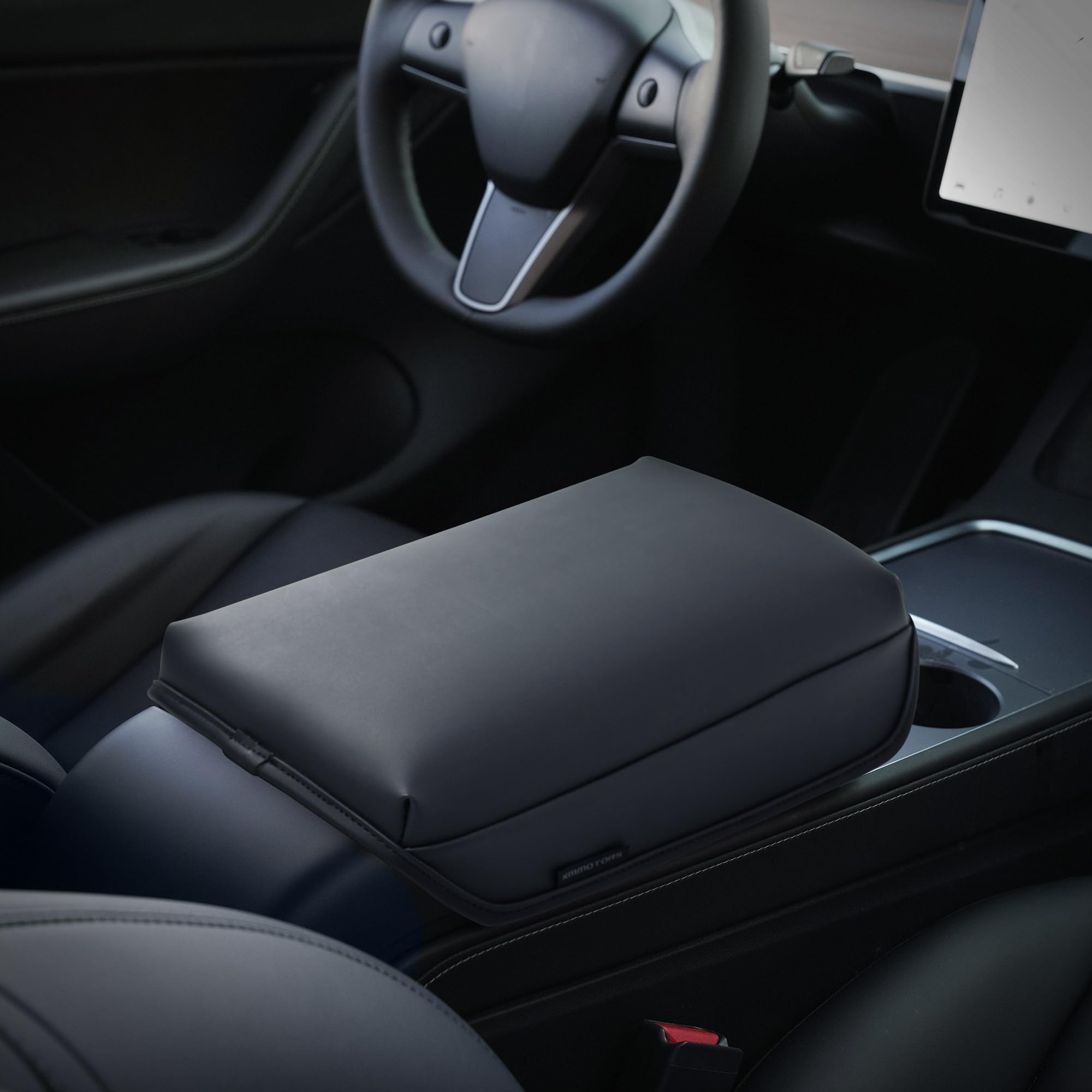 Kmmotors Model Y, Model 3 Center Console Cover Basic Black, Armrest Cushion, Console Protector, Vegan Leather, Tesl* Accessories
