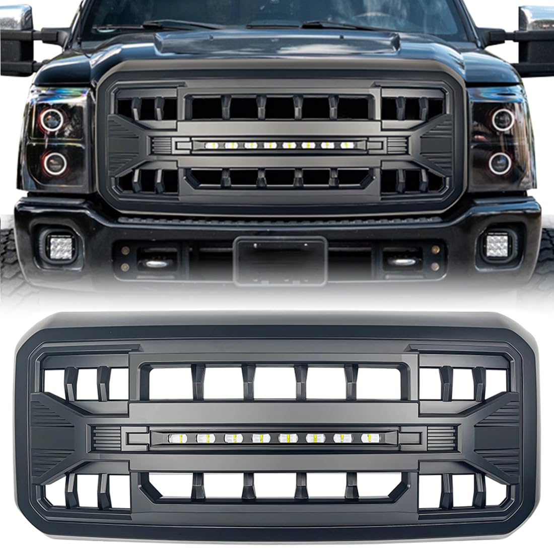 MEGAIE Front Grille Compatible with 2011-2016 F250 F350 F450 F550 Super Duty, Matte Black Bumper Grill Guard w/Off-Road Lights