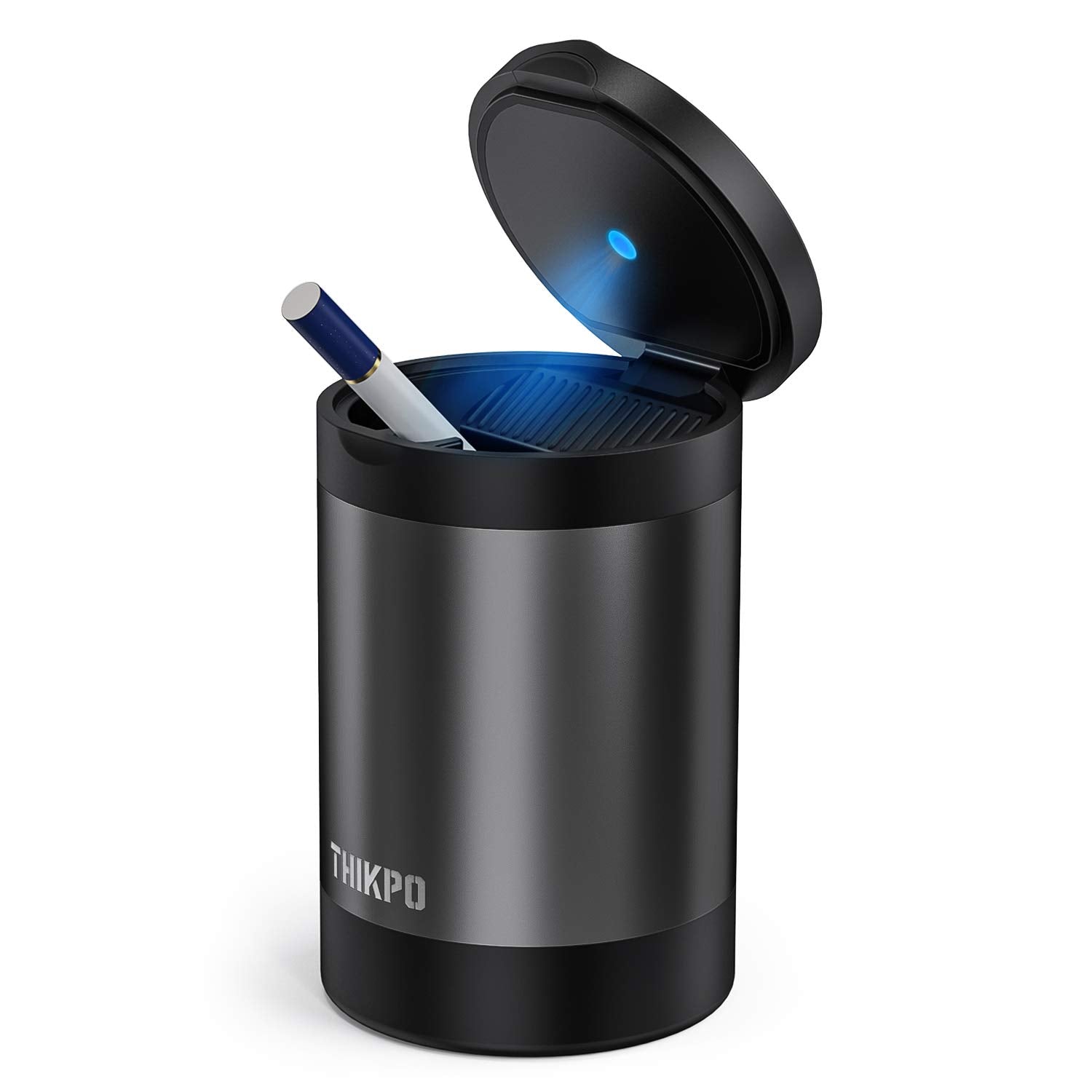 Thikpo Car Ashtray With Lid, Portable Ashtray For Car, Mini Car Trash Can, Detachable Stainless Steel Smokeless Ash Tray With Led Blue Light
