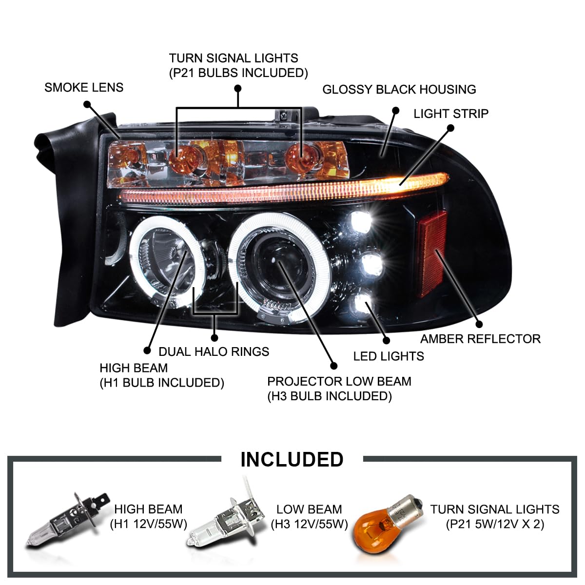 Spec-D Tuning Led Dual Halo Glossy Black Housing Smoke Lens Projector Headlights Compatible With 1997-2004 Dodge Dakota, 1998-20
