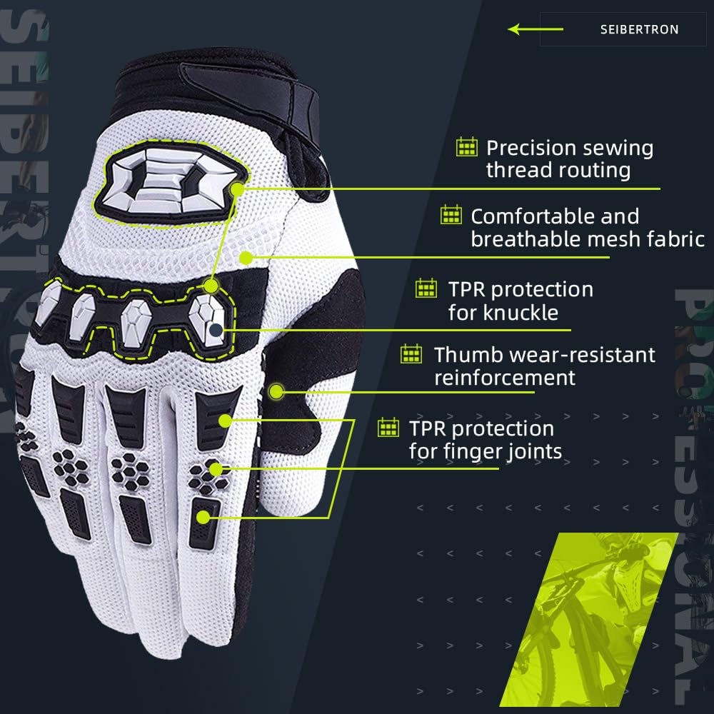 Seibertron Dirtpaw Full Finger Gloves, Adult Size L, White, Spandex, BMX/MX ATV Motocross Cycling Sports Gloves